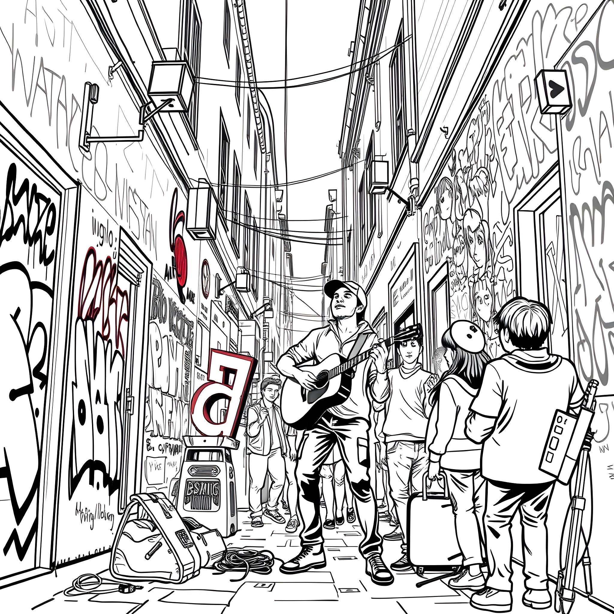 Guitarist performing in a graffiti-covered alleyway Coloring Page (free black-and-white line drawing printable PDF for all, from beginners to advanced learners, including children, teens, adults, and seniors)