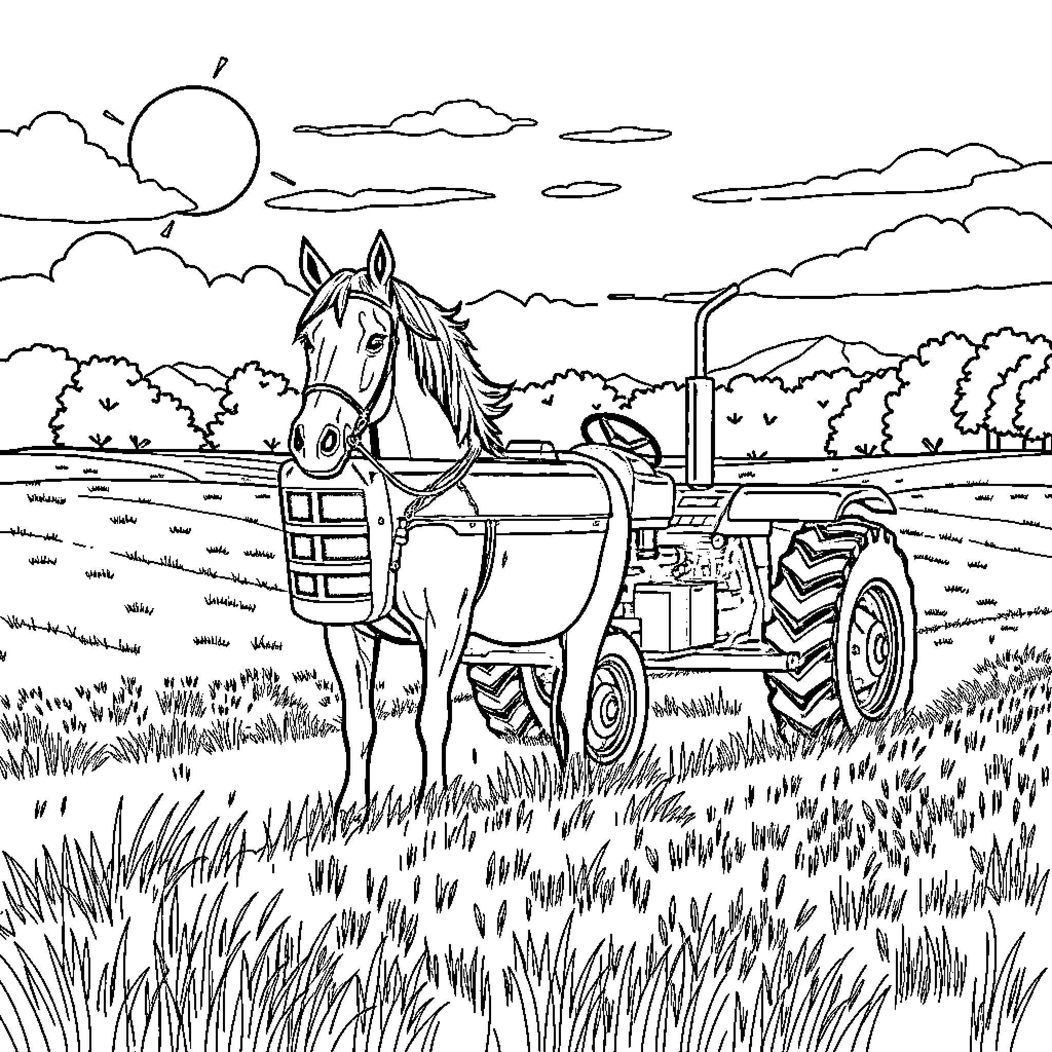 Horse pulling farm equipment through a field Coloring Page (free black-and-white line drawing printable PDF for all, from beginners to advanced learners, including children, teens, adults, and seniors)