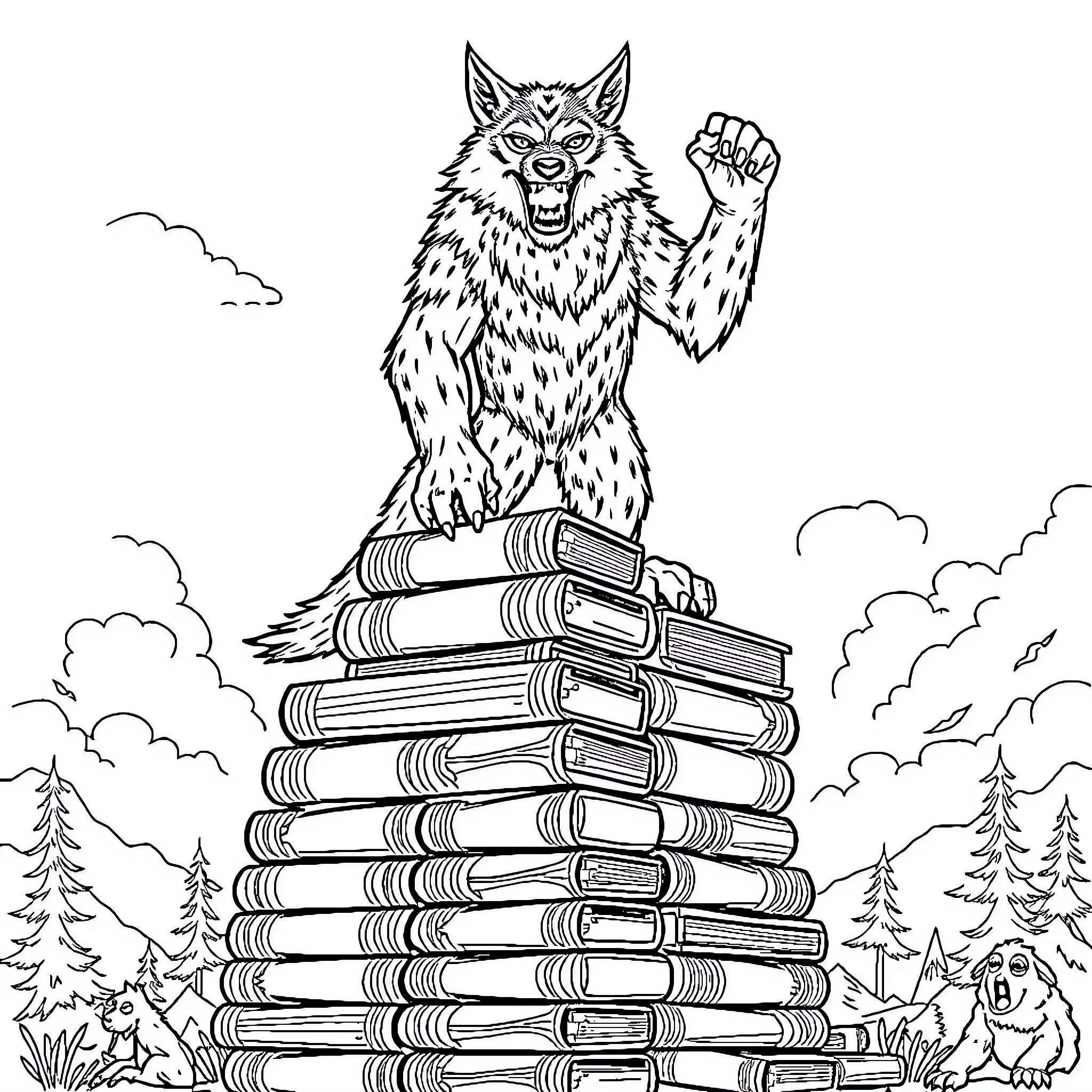 Wolf howling atop a pile of books in the wilderness Coloring Page (free black-and-white line drawing printable PDF for all, from beginners to advanced learners, including children, teens, adults, and seniors)