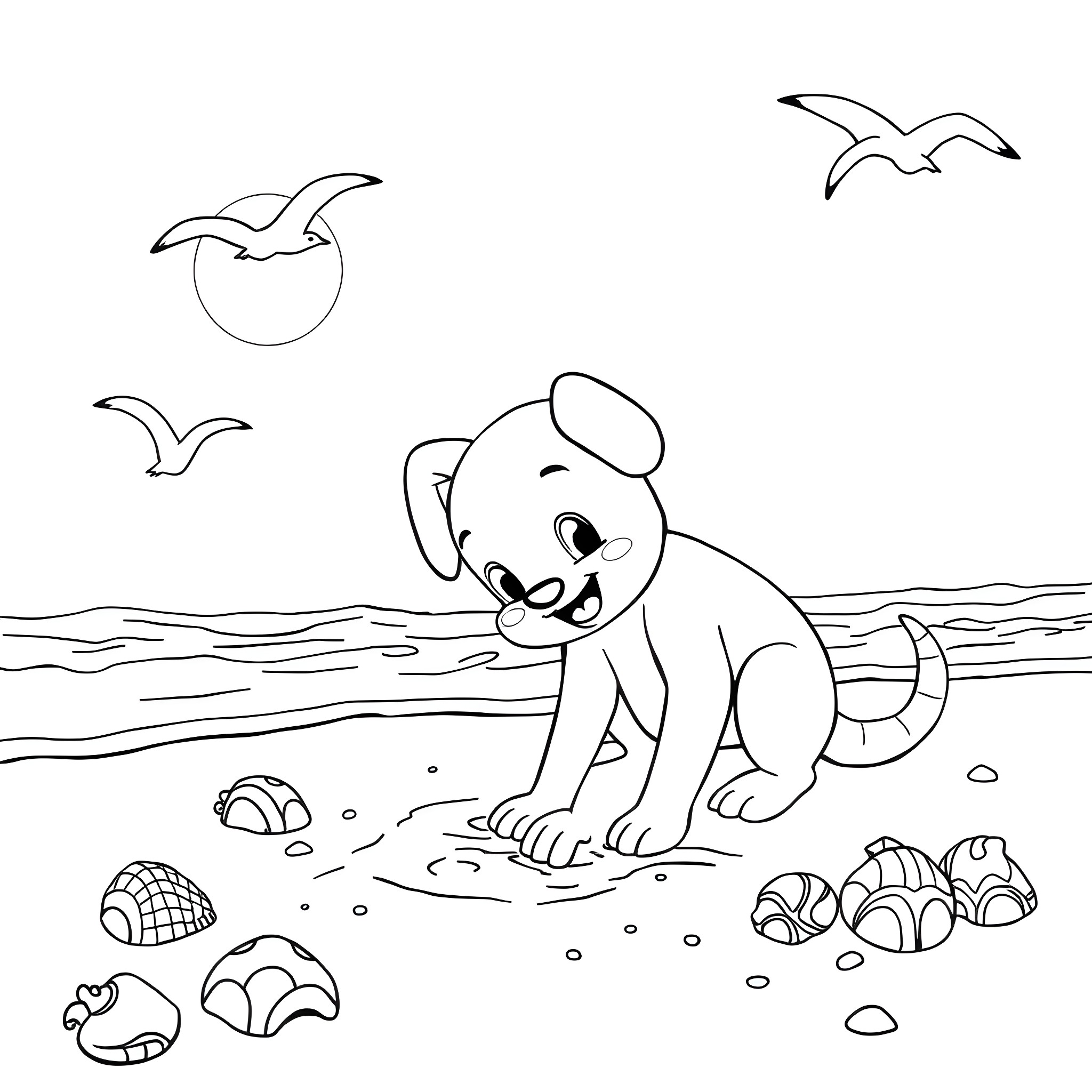 Bluey exploring the beach with seagulls Coloring Page (free black-and-white line drawing printable PDF for all, from beginners to advanced learners, including children, teens, adults, and seniors)