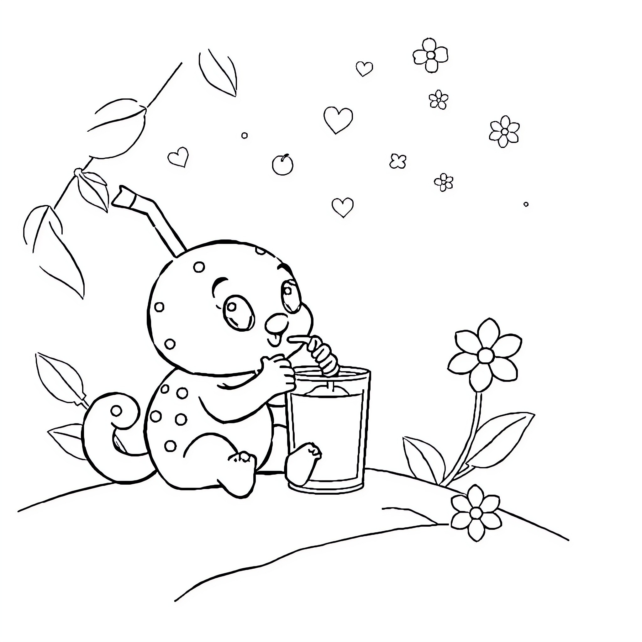 Bear playing with flower and jar in the garden Coloring Page (free black-and-white line drawing printable PDF for all, from beginners to advanced learners, including children, teens, adults, and seniors)