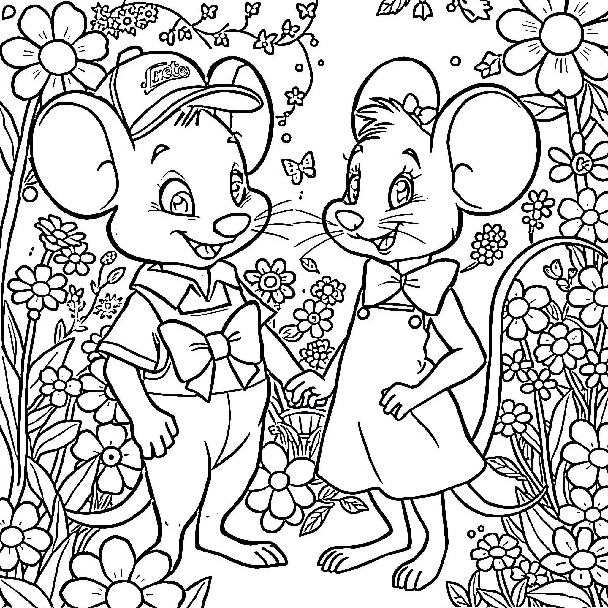 Mouse characters in a floral spring scene Coloring Page (free black-and-white line drawing printable PDF for all, from beginners to advanced learners, including children, teens, adults, and seniors)
