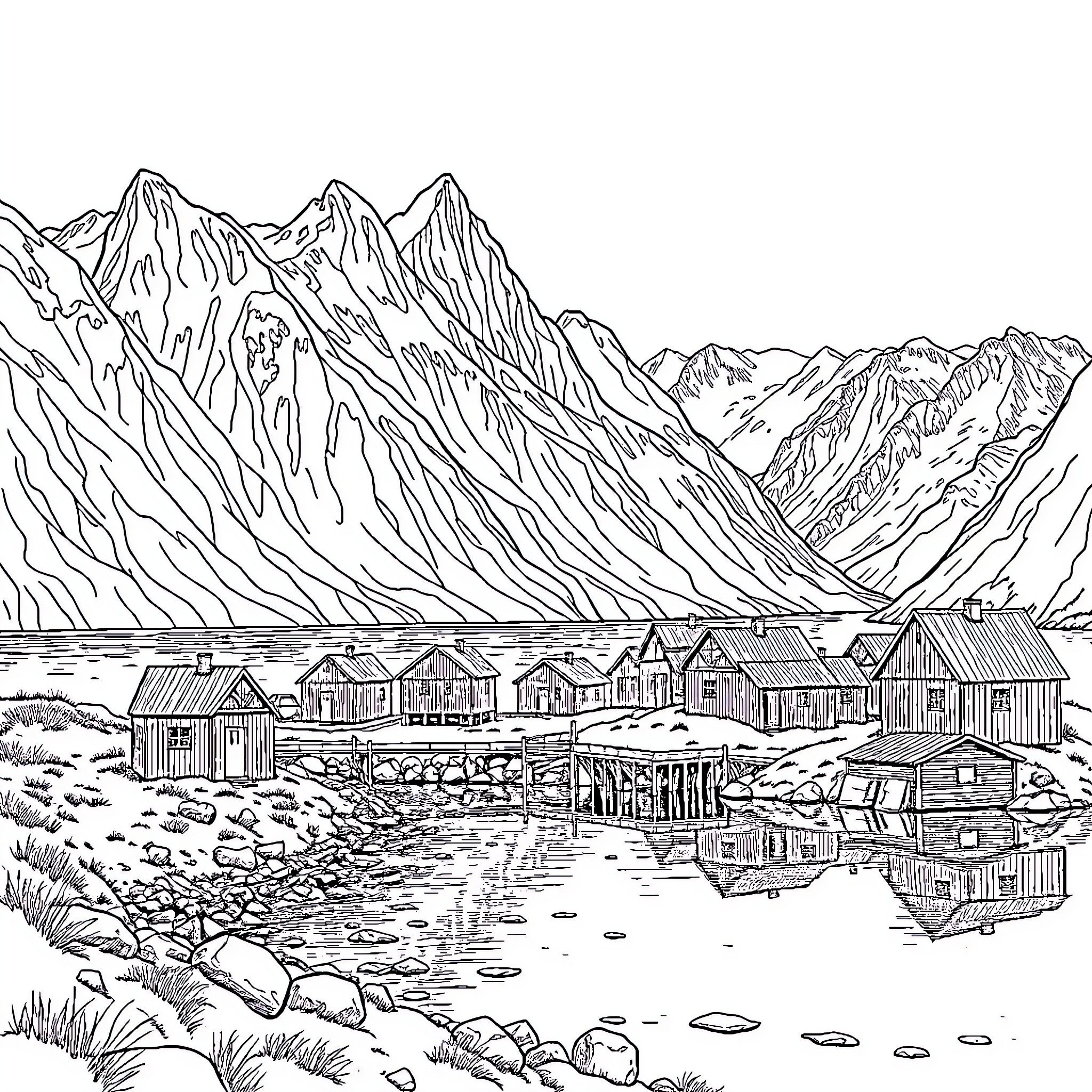 Viking village nestled in majestic mountain scenery Coloring Page (free black-and-white line drawing printable PDF for all, from beginners to advanced learners, including children, teens, adults, and seniors)