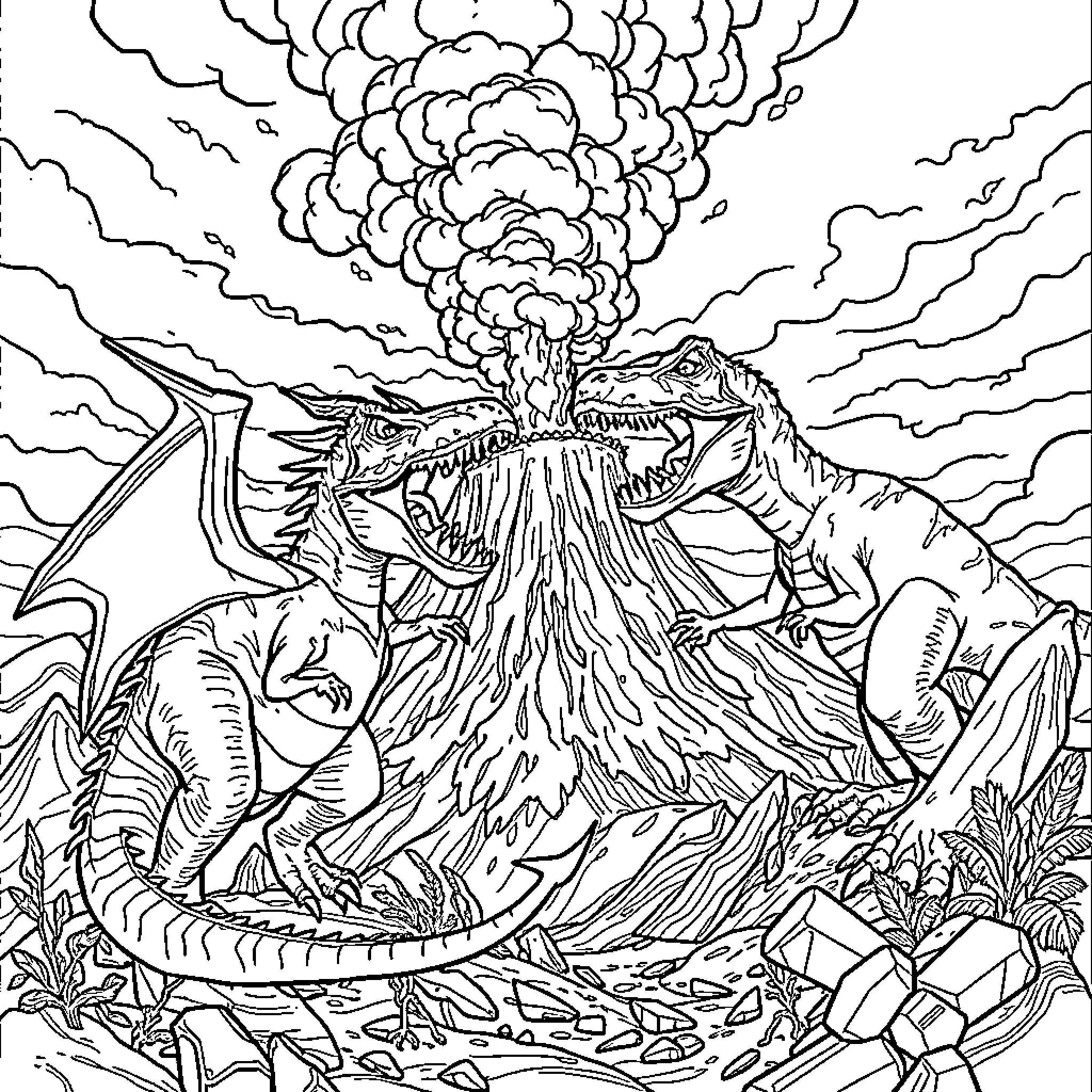 Dragon Erupting Volcano in Stormy Landscape Coloring Page (free black-and-white line drawing printable PDF for all, from beginners to advanced learners, including children, teens, adults, and seniors)