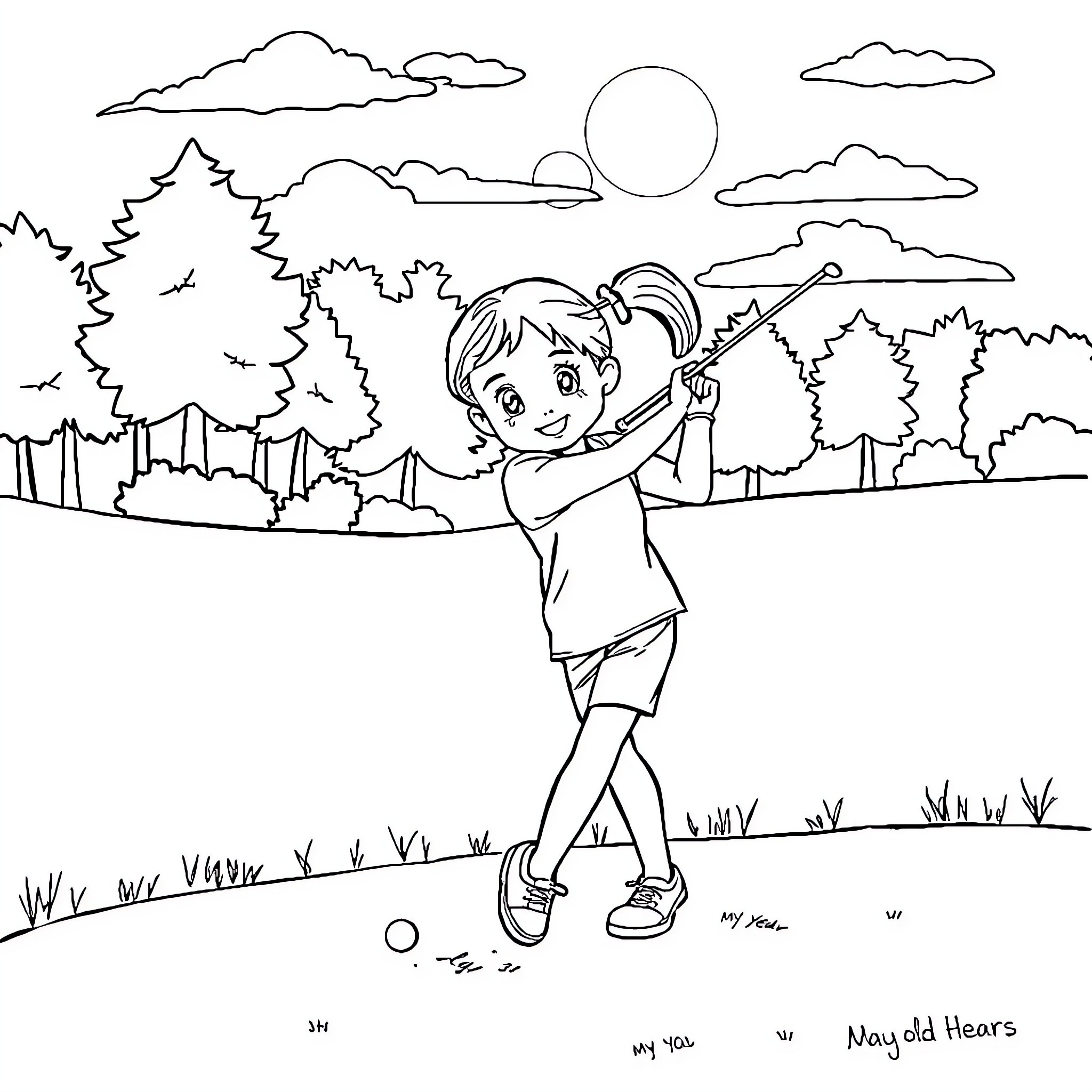 Girl playing joyfully with a badminton racket Coloring Page (free black-and-white line drawing printable PDF for all, from beginners to advanced learners, including children, teens, adults, and seniors)
