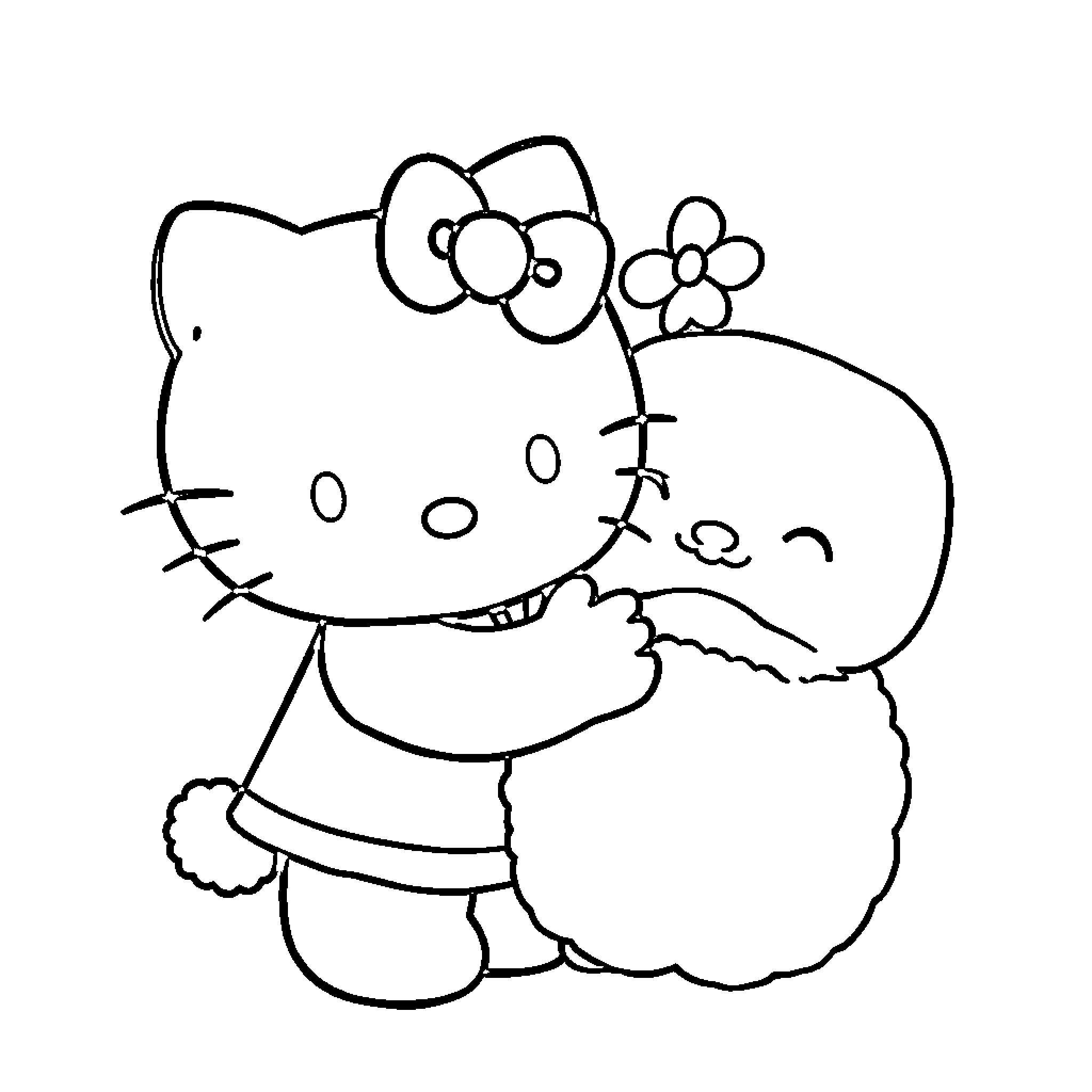 Hello Kitty snuggling a sheep toy Coloring Page (free black-and-white line drawing printable PDF for all, from beginners to advanced learners, including children, teens, adults, and seniors)