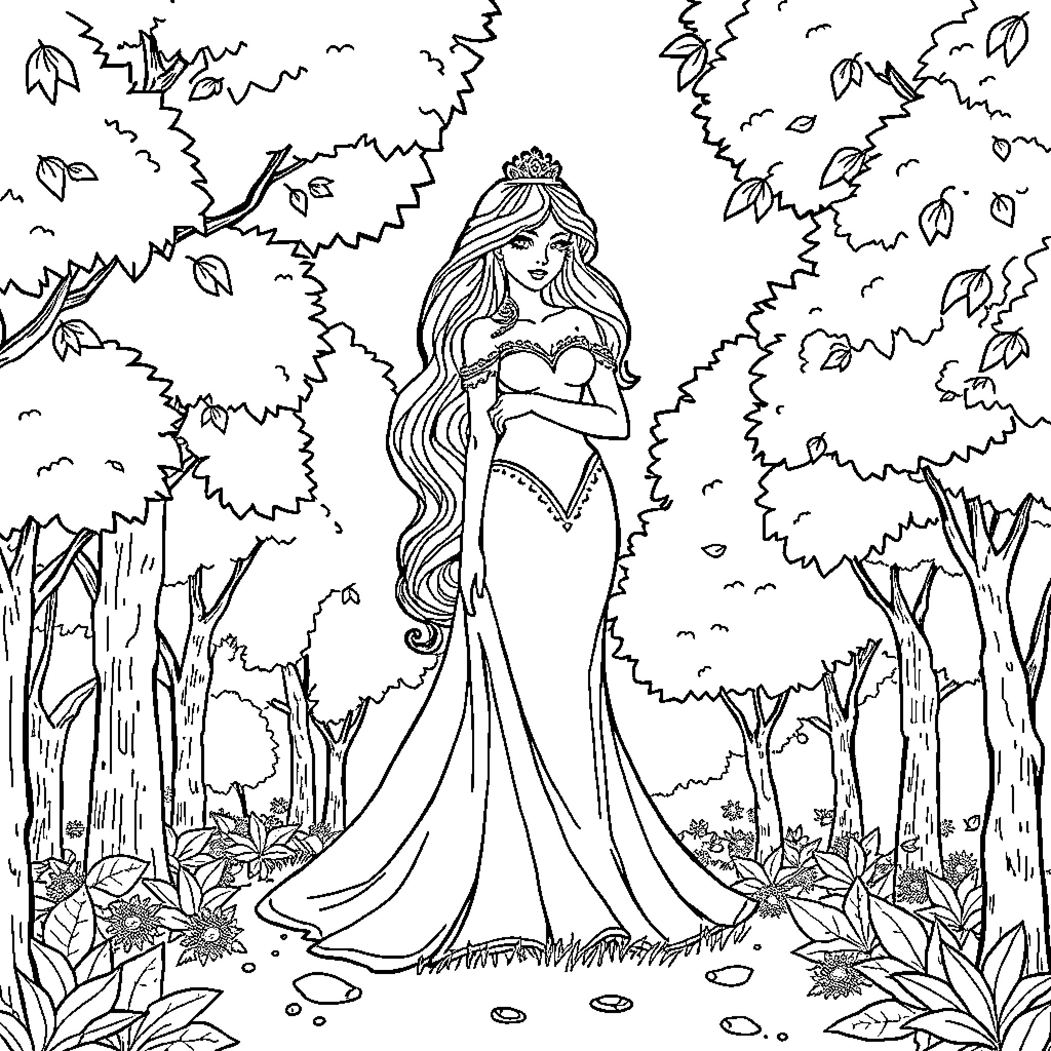 Princess Exploring Enchanted Forest Coloring Page (free black-and-white line drawing printable PDF for all, from beginners to advanced learners, including children, teens, adults, and seniors)