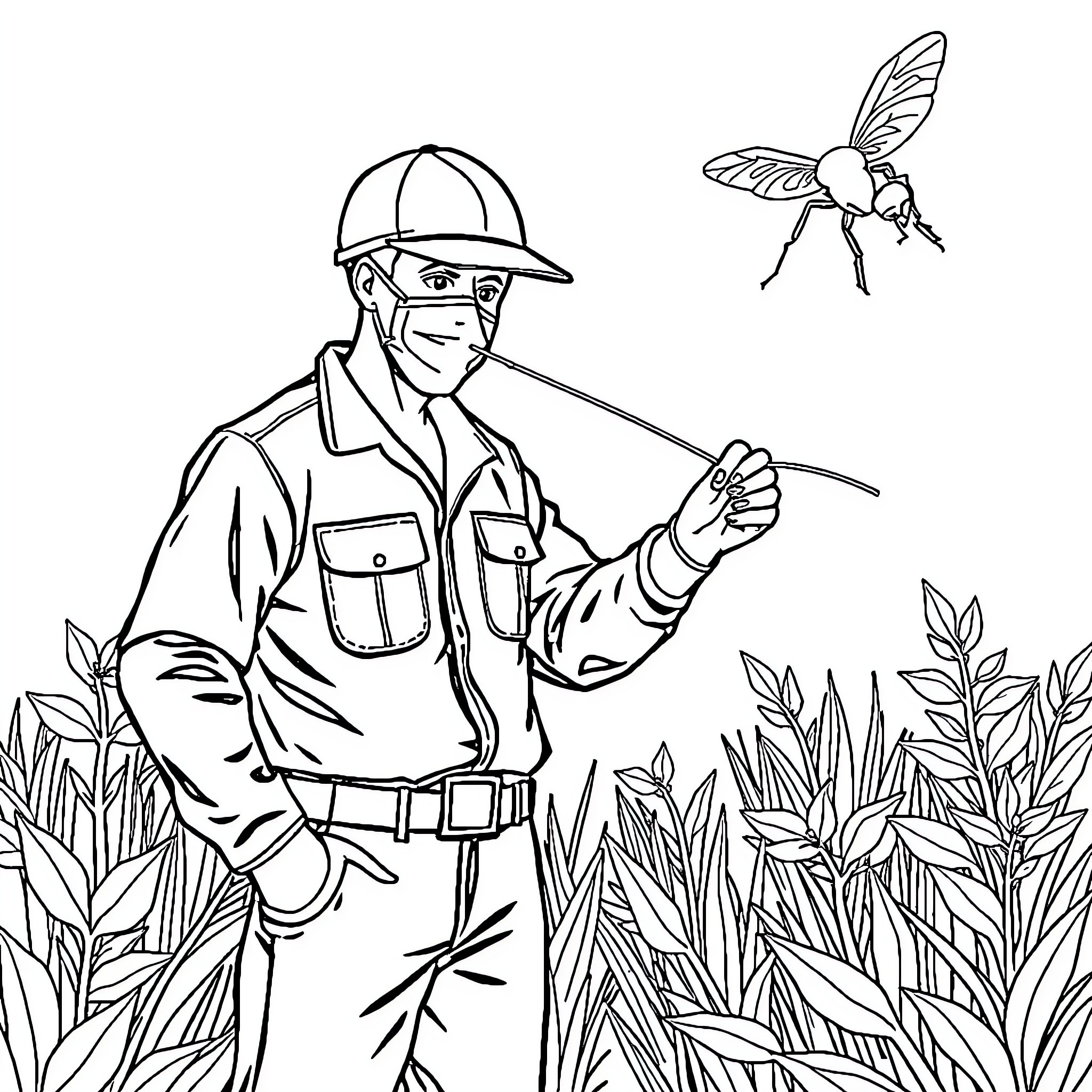 Dengue Worker Inspecting and Treating Mosquito Infestation Coloring Page (free black-and-white line drawing printable PDF for all, from beginners to advanced learners, including children, teens, adults, and seniors)