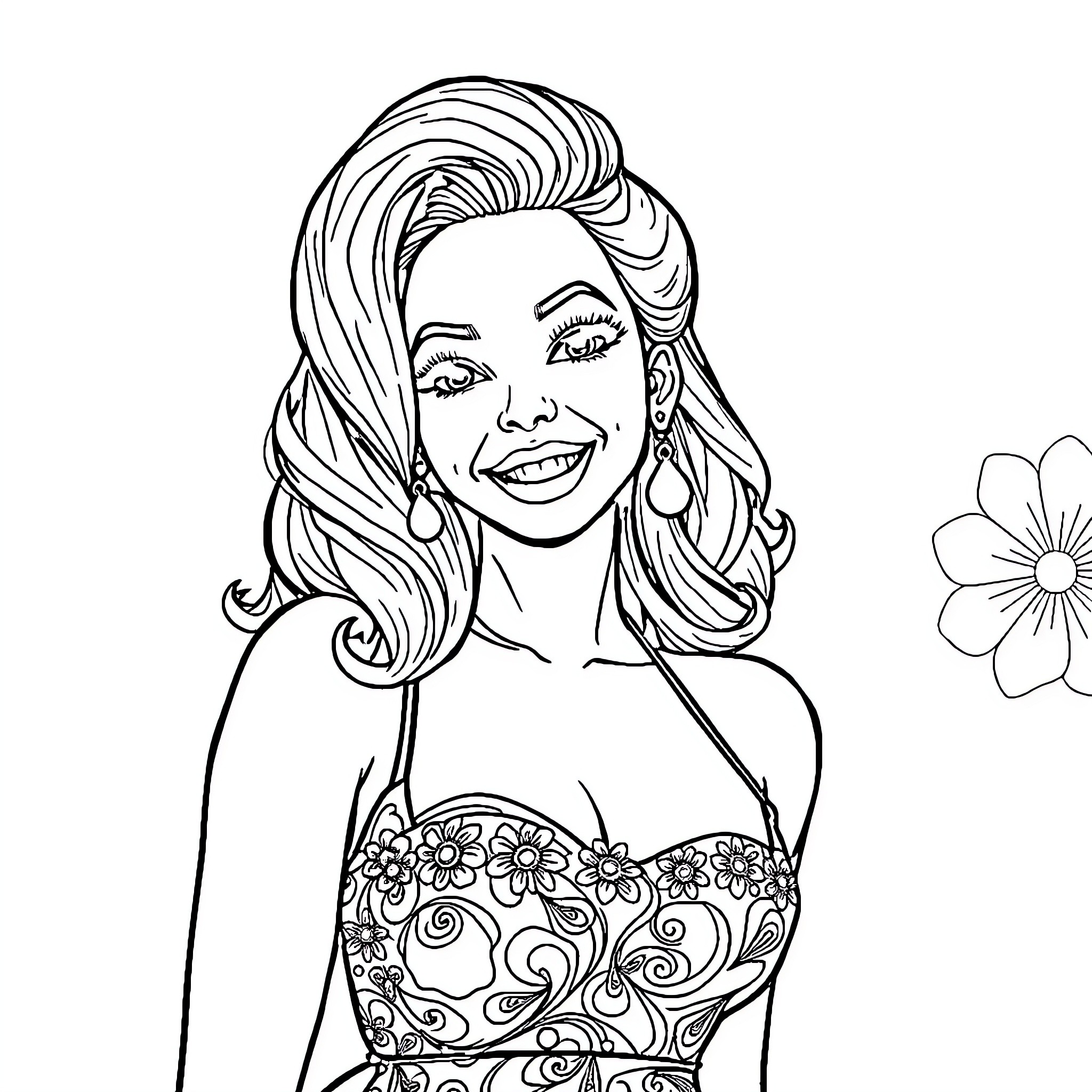 Abella Danger smiling joyfully in floral dress Coloring Page (free black-and-white line drawing printable PDF for all, from beginners to advanced learners, including children, teens, adults, and seniors)