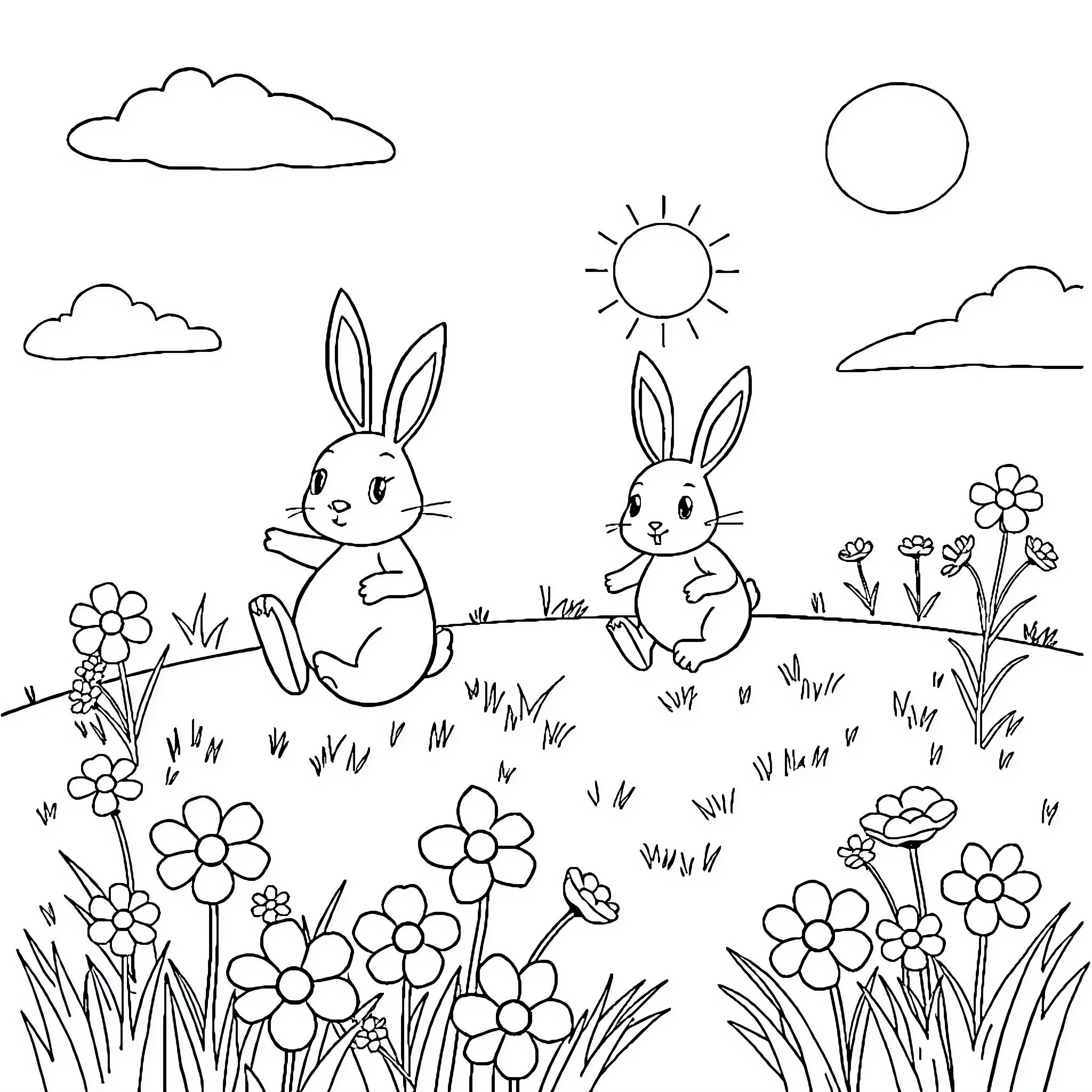 Bunnies enjoying a day in the meadow Coloring Page (free black-and-white line drawing printable PDF for all, from beginners to advanced learners, including children, teens, adults, and seniors)