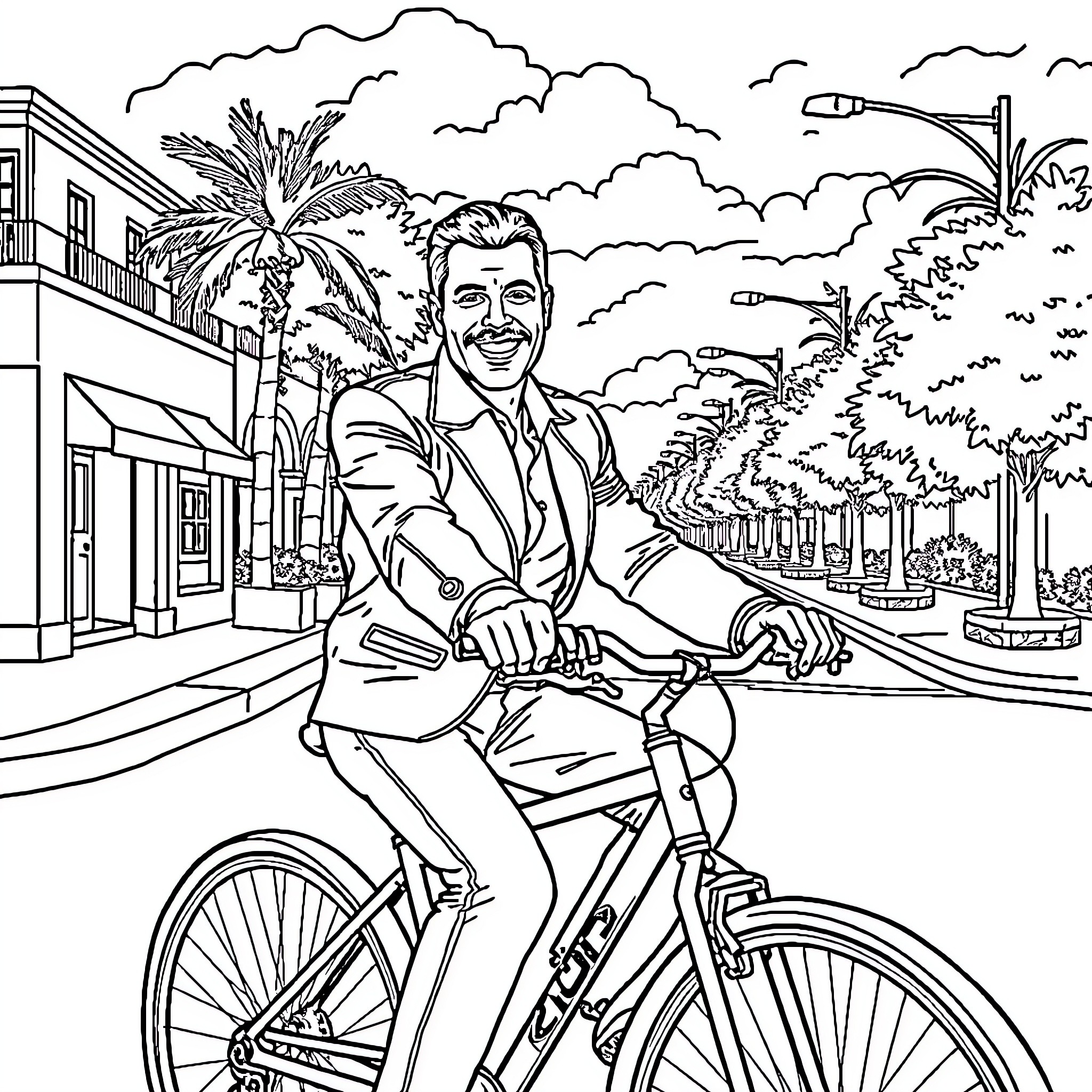 Freddie Mercury enjoying a bicycle ride through a tropical town Coloring Page (free black-and-white line drawing printable PDF for all, from beginners to advanced learners, including children, teens, adults, and seniors)