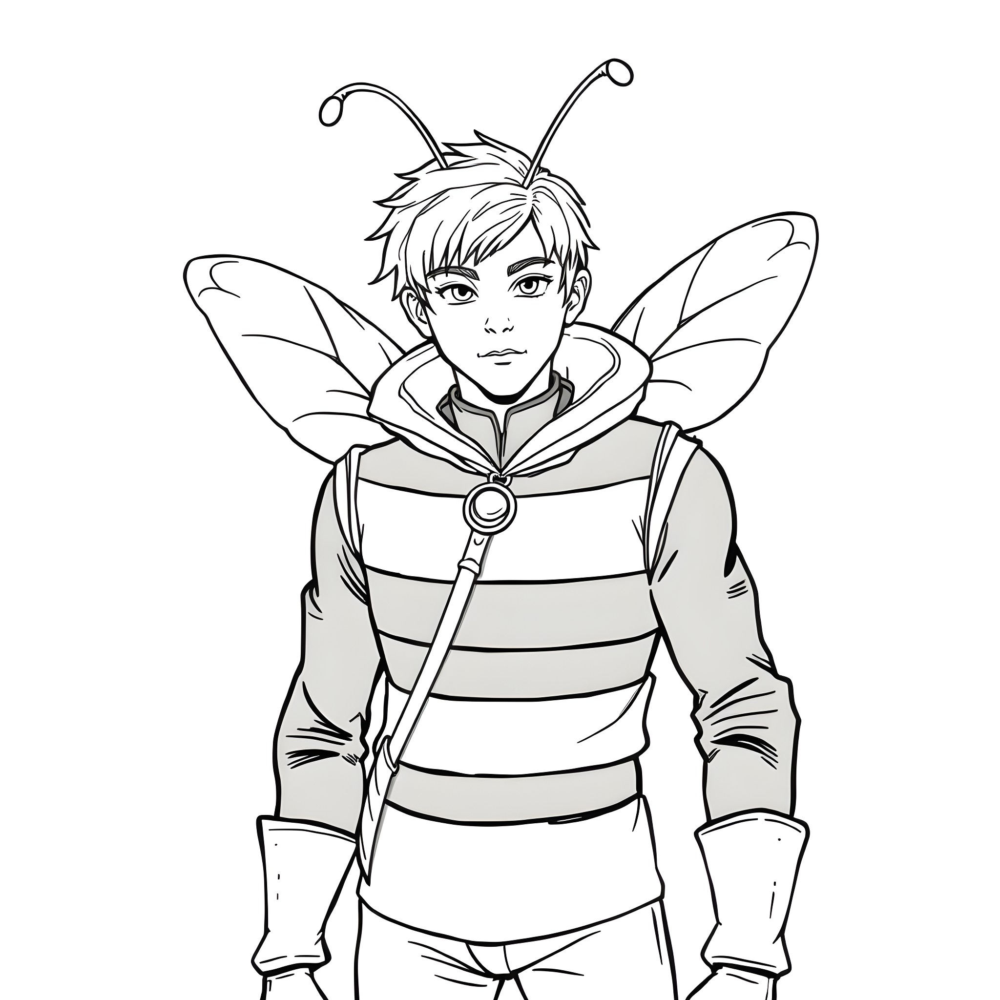 Jace, the Insect Boy, Stands Proudly Coloring Page (free black-and-white line drawing printable PDF for all, from beginners to advanced learners, including children, teens, adults, and seniors)