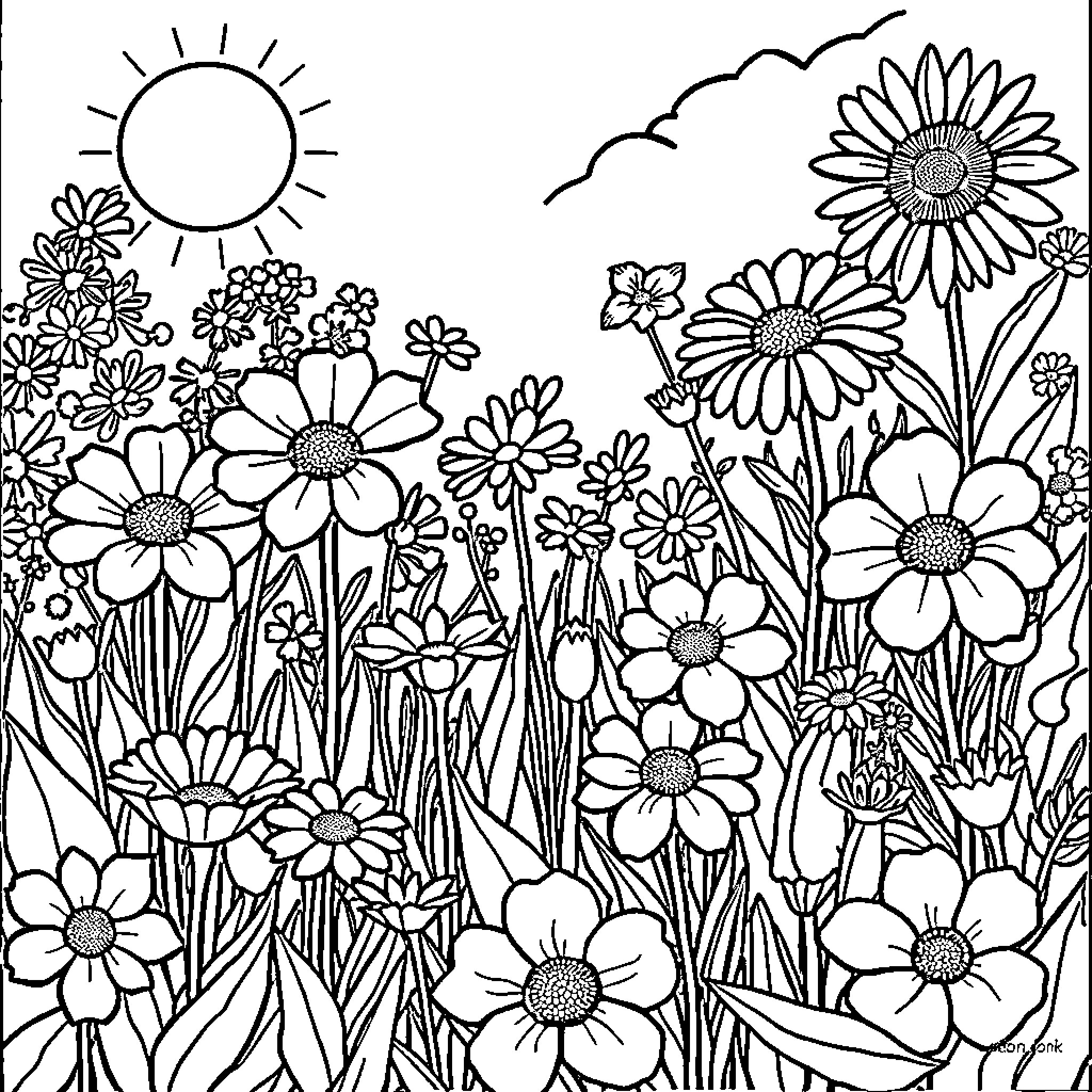 Flower Garden Filled with Blooming Flowers Coloring Page (free black-and-white line drawing printable PDF for all, from beginners to advanced learners, including children, teens, adults, and seniors)