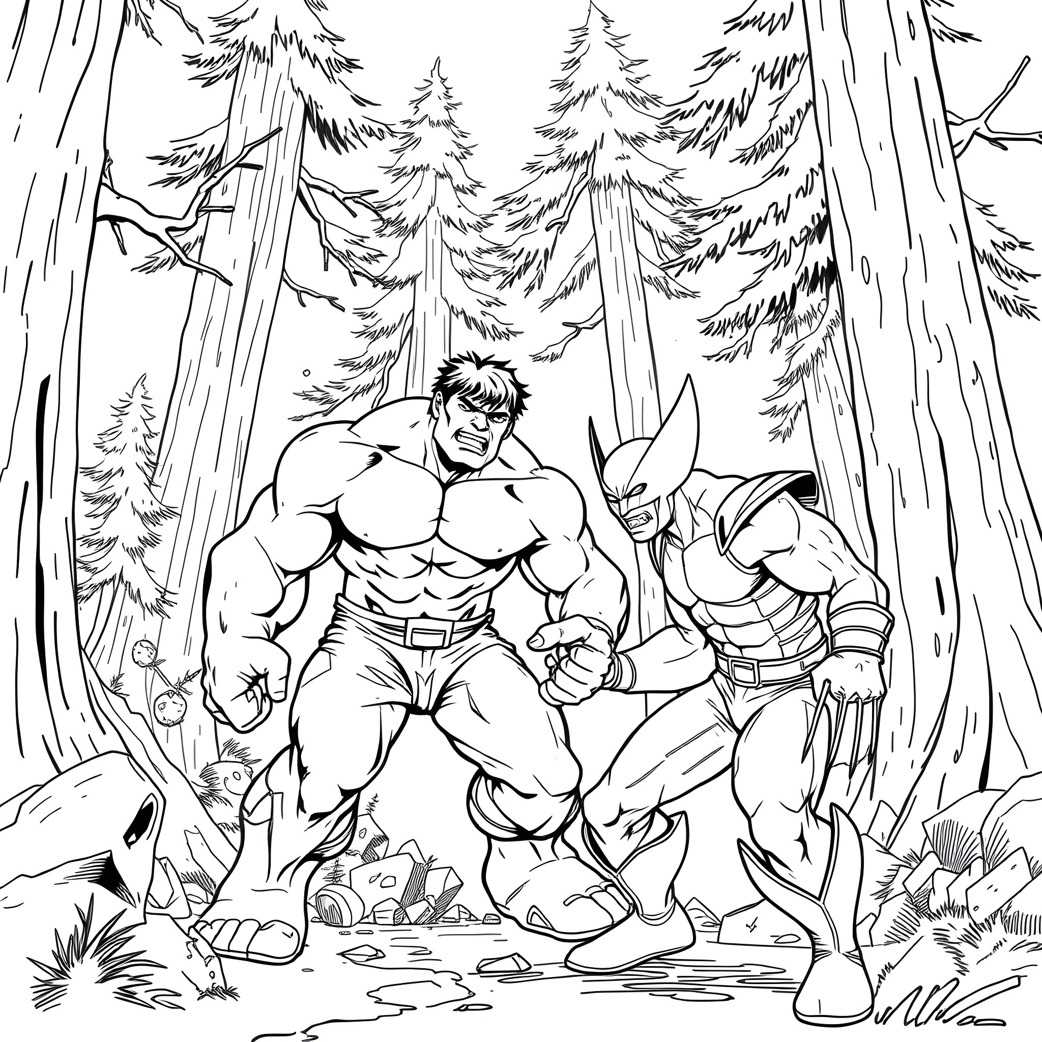 Hulk Smashing Through the Forest with Warrior Companion Coloring Page (free black-and-white line drawing printable PDF for all, from beginners to advanced learners, including children, teens, adults, and seniors)