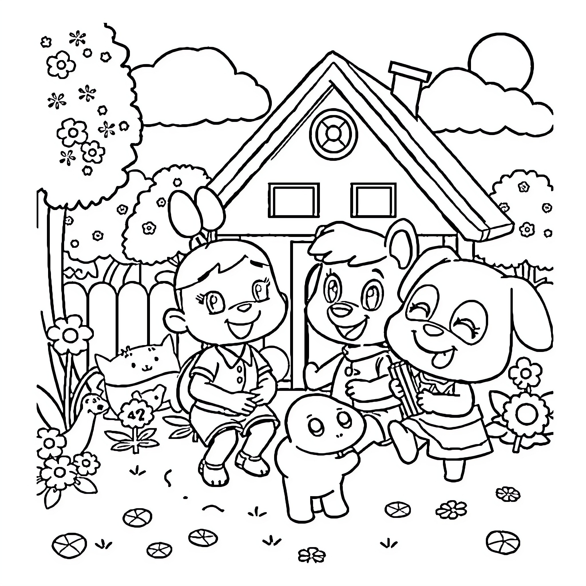 Animal friends playing in front of a cozy cottage Coloring Page (free black-and-white line drawing printable PDF for all, from beginners to advanced learners, including children, teens, adults, and seniors)