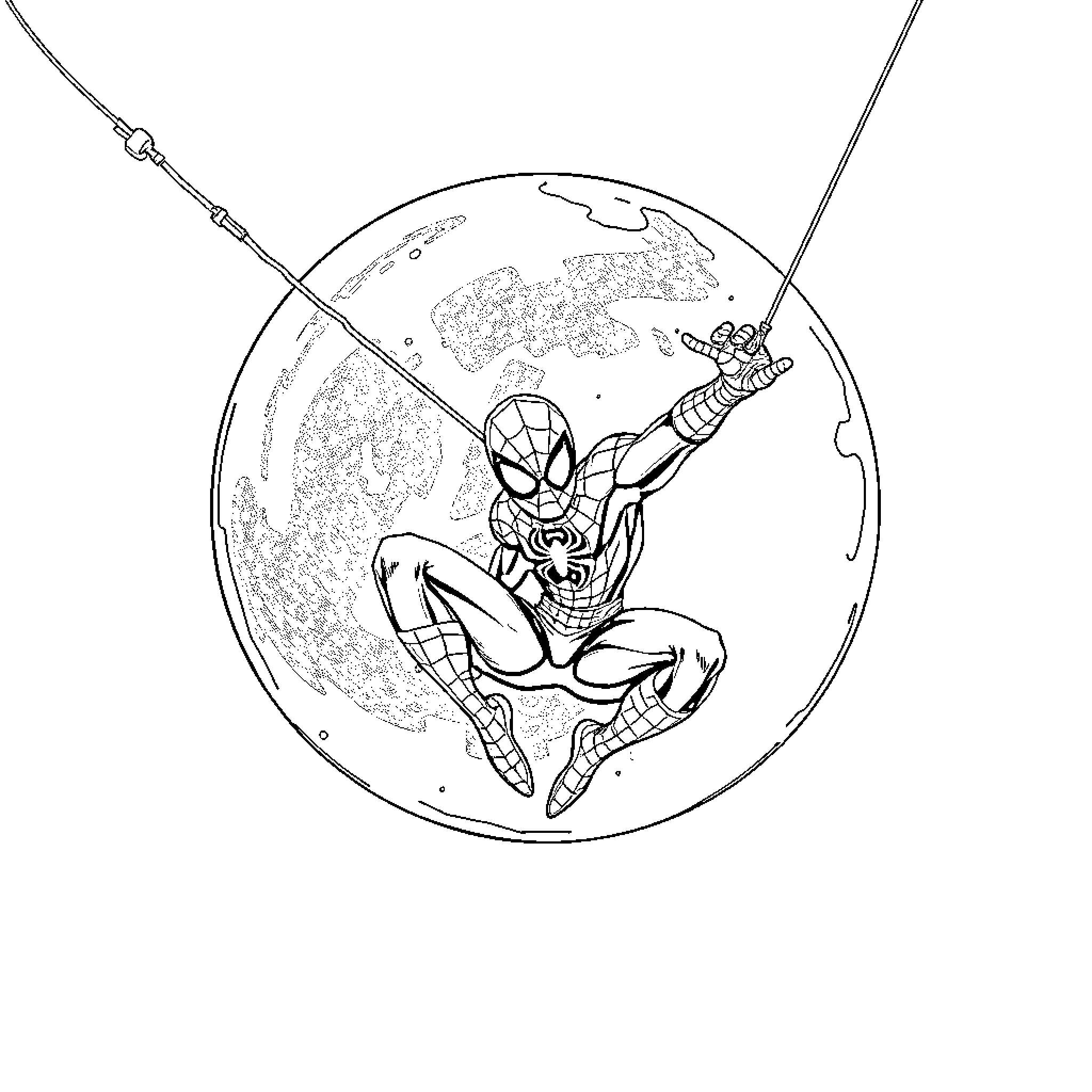 Spiderman swinging around the world Coloring Page (free black-and-white line drawing printable PDF for all, from beginners to advanced learners, including children, teens, adults, and seniors)