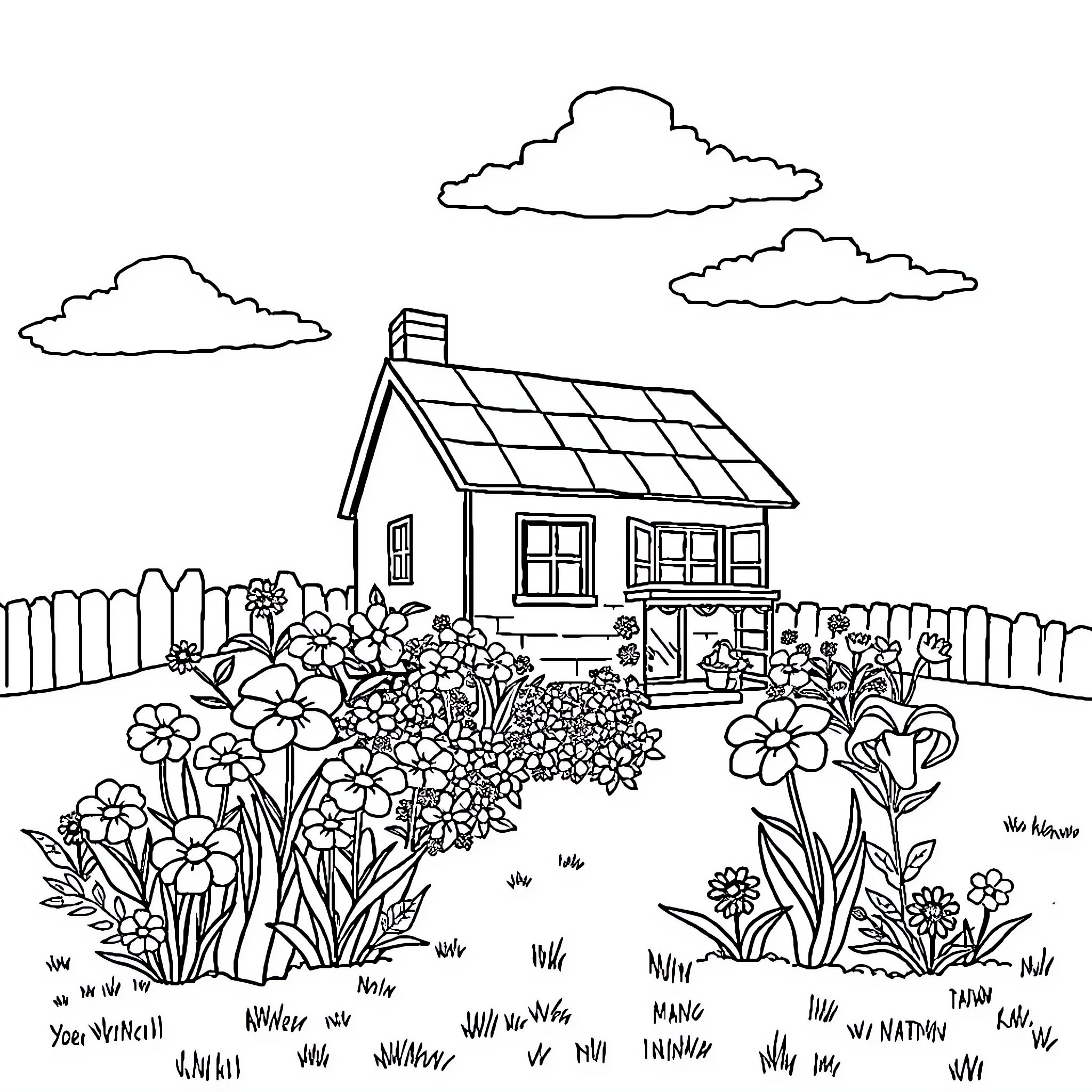 House with Lush Garden and Flowers Coloring Page (free black-and-white line drawing printable PDF for all, from beginners to advanced learners, including children, teens, adults, and seniors)
