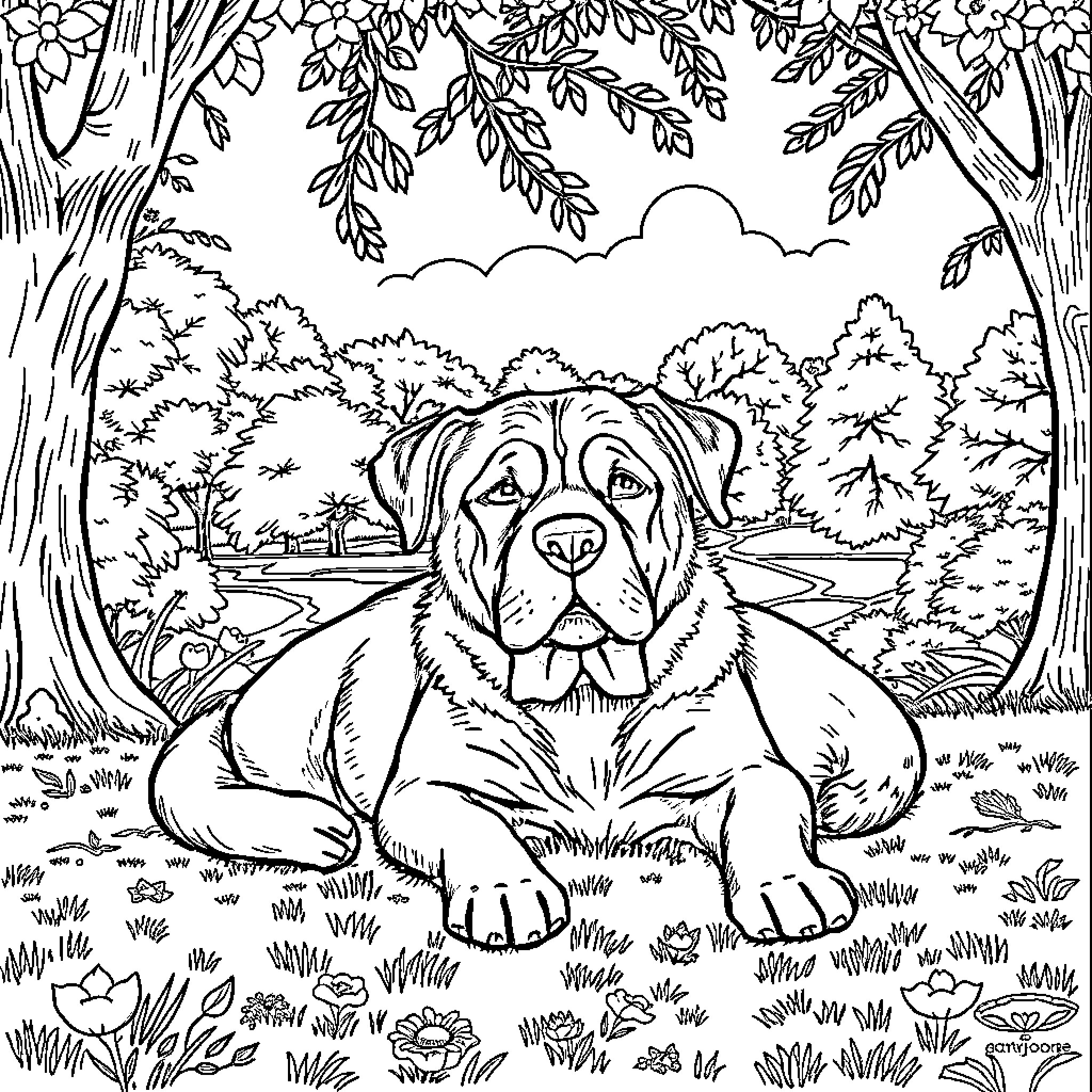 Father's Loyal Companion Enjoying the Outdoors Coloring Page (free black-and-white line drawing printable PDF for all, from beginners to advanced learners, including children, teens, adults, and seniors)