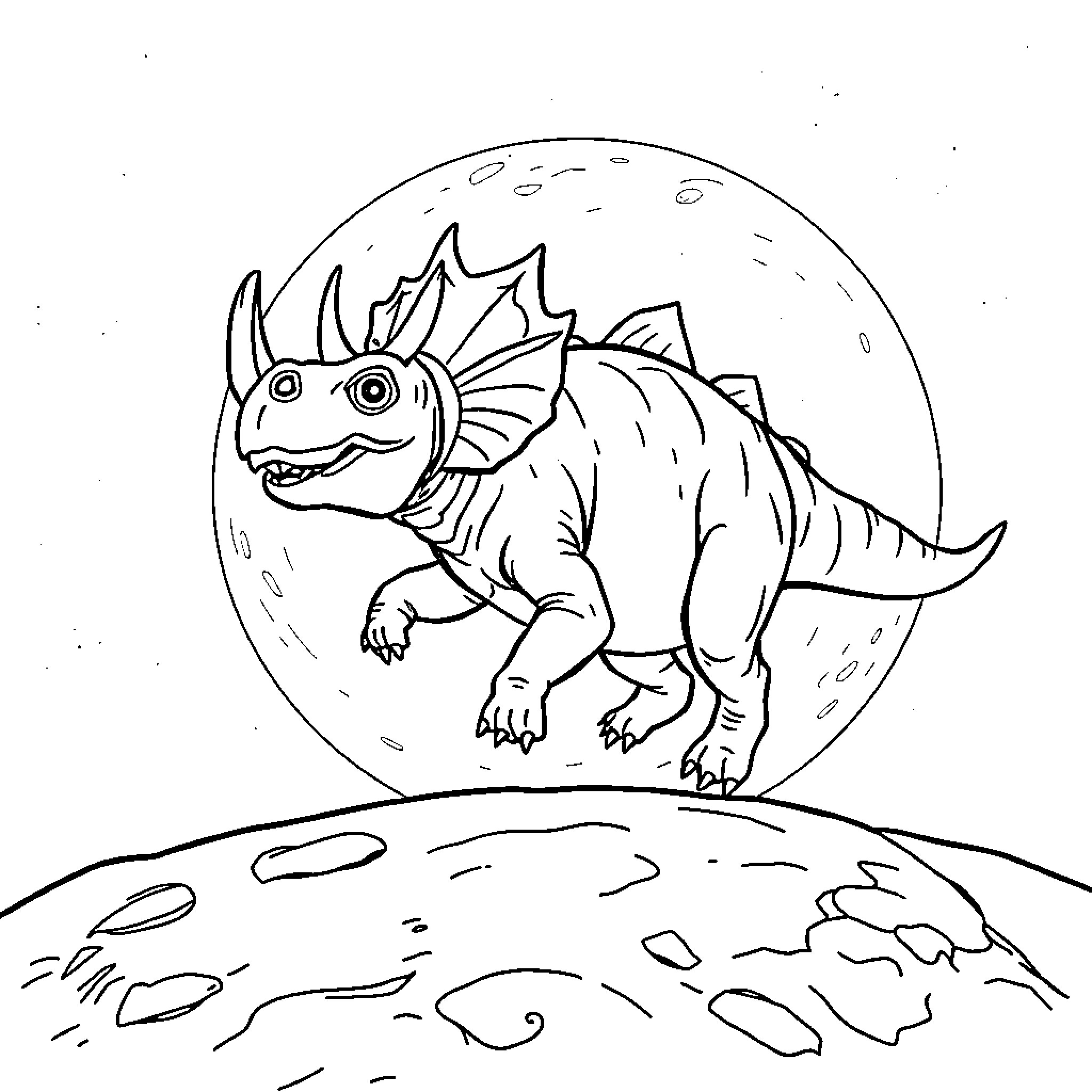 Triceratops exploring the prehistoric landscape Coloring Page (free black-and-white line drawing printable PDF for all, from beginners to advanced learners, including children, teens, adults, and seniors)