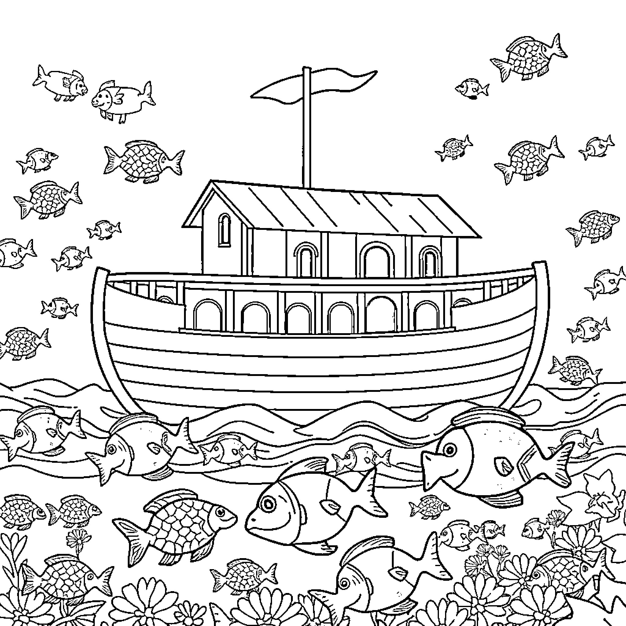 Noah's Ark filled with animals sailing on the sea Coloring Page (free black-and-white line drawing printable PDF for all, from beginners to advanced learners, including children, teens, adults, and seniors)