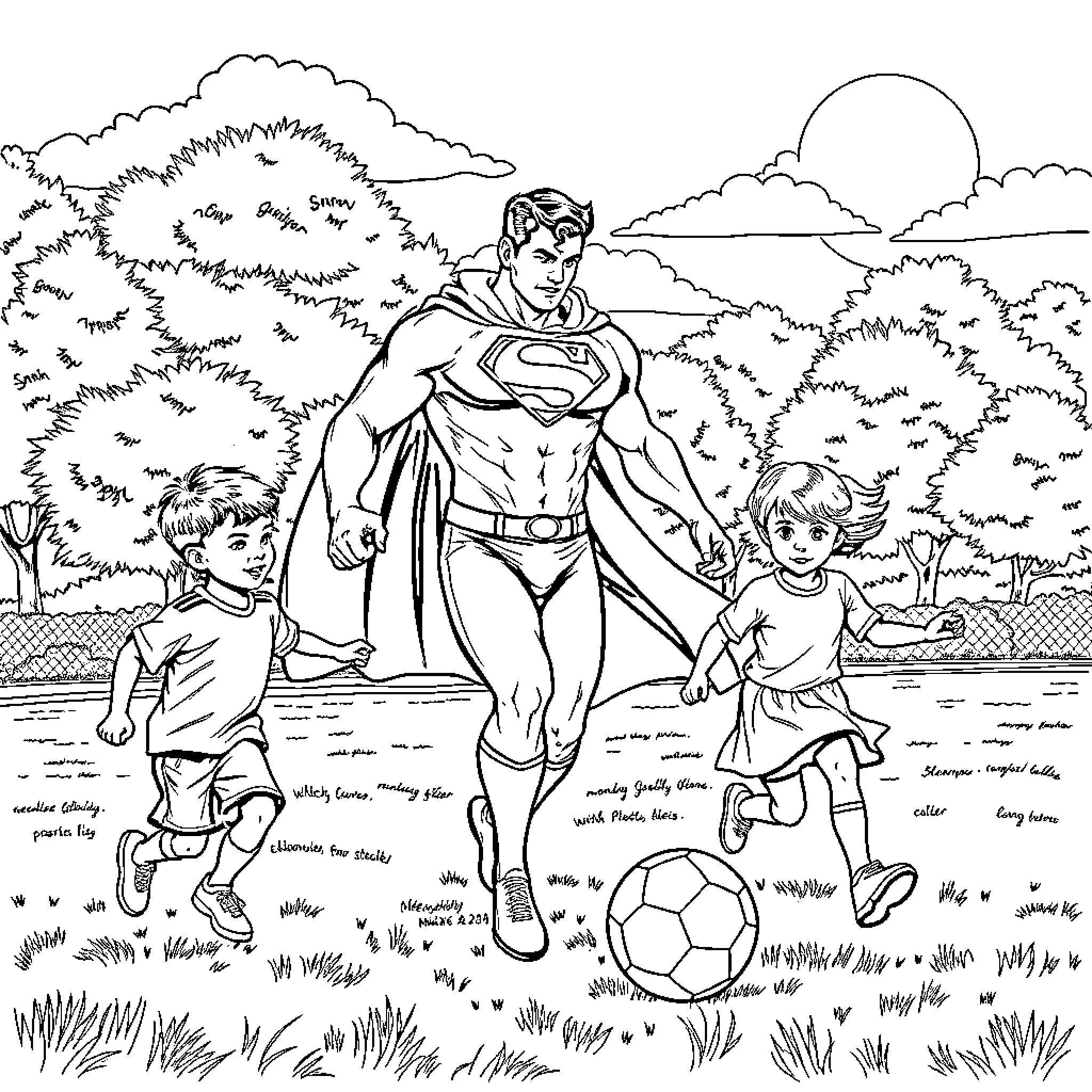 Superman playing soccer with children in the park Coloring Page (free black-and-white line drawing printable PDF for all, from beginners to advanced learners, including children, teens, adults, and seniors)