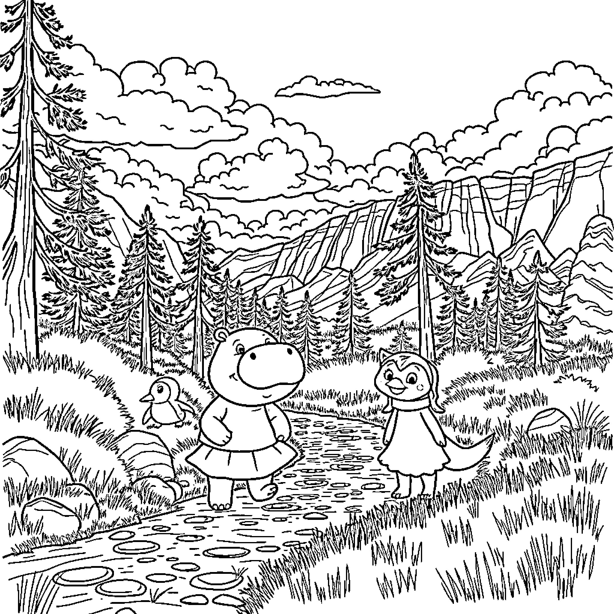 Hippo and Turtle Explore Scenic Forest Trail Coloring Page (free black-and-white line drawing printable PDF for all, from beginners to advanced learners, including children, teens, adults, and seniors)