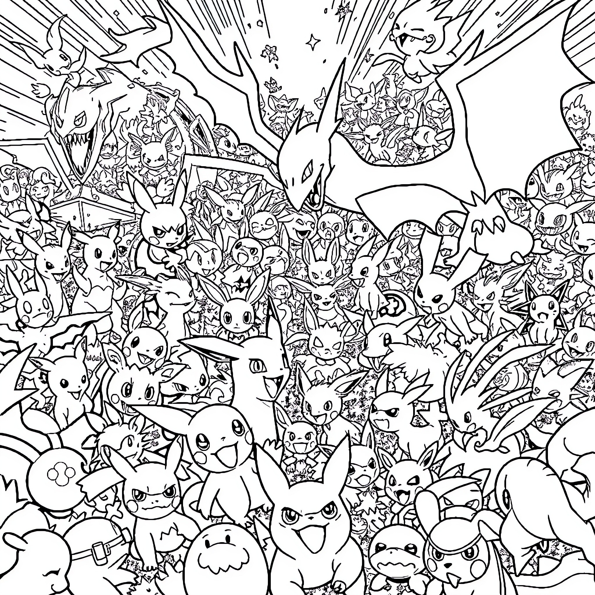 Pokémon Diverse Characters Gathering Coloring Page (free black-and-white line drawing printable PDF for all, from beginners to advanced learners, including children, teens, adults, and seniors)