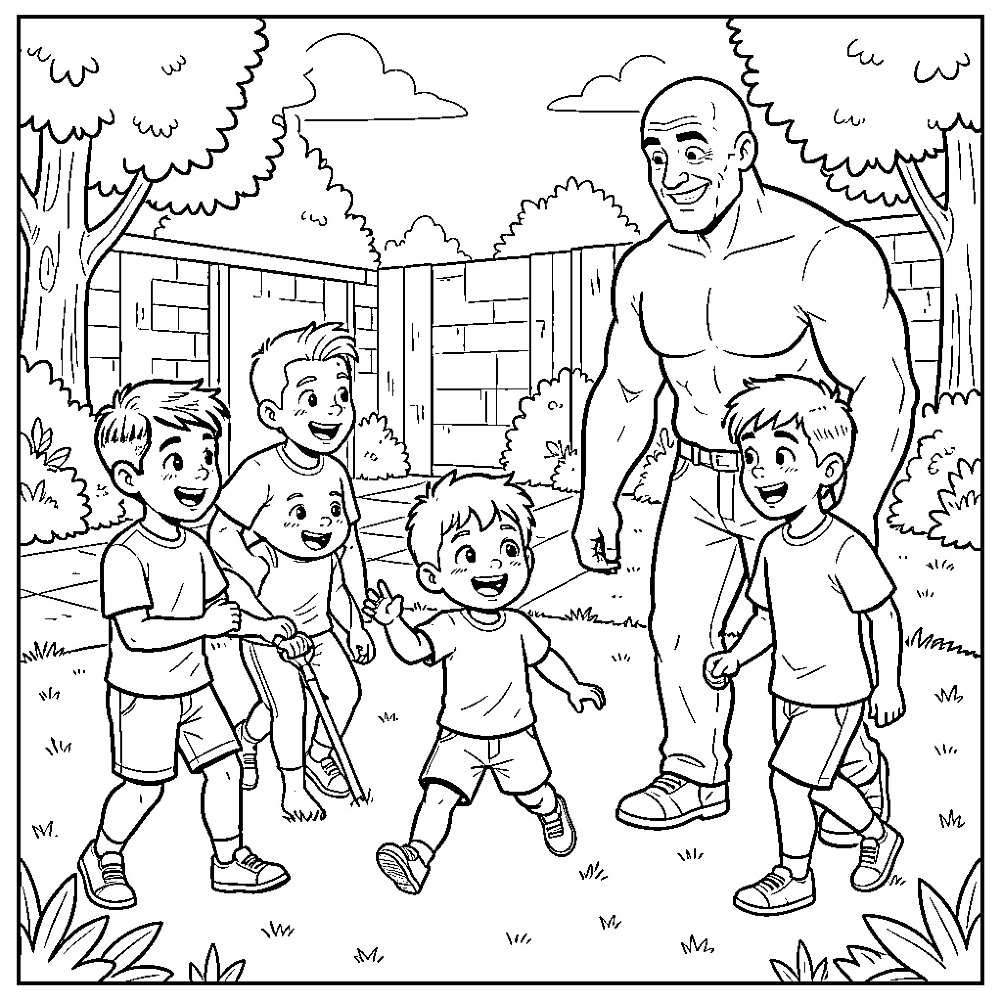 Niño playing happily with a tall man outdoors Coloring Page (free black-and-white line drawing printable PDF for all, from beginners to advanced learners, including children, teens, adults, and seniors)