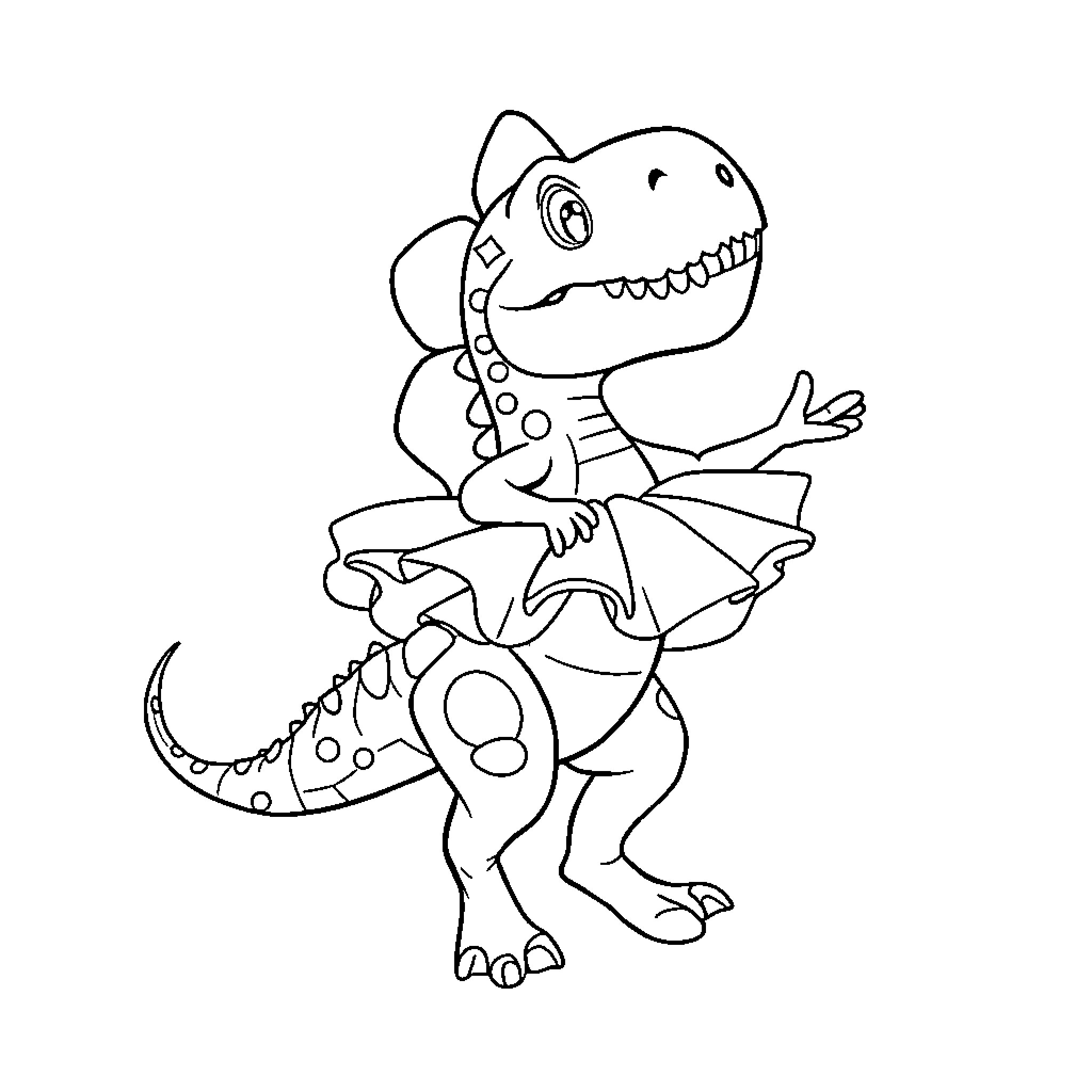 Dinosaur wearing a dress and dancing happily Coloring Page (free black-and-white line drawing printable PDF for all, from beginners to advanced learners, including children, teens, adults, and seniors)