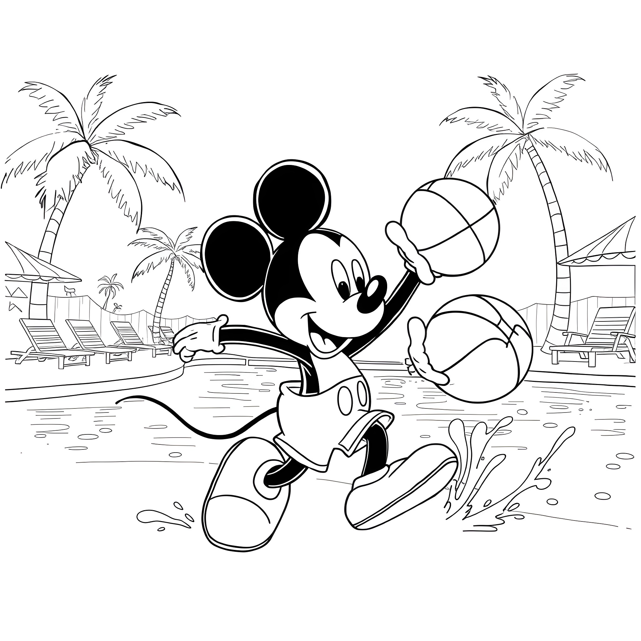Mickey Mouse enjoying a sunny beach vacation Coloring Page (free black-and-white line drawing printable PDF for all, from beginners to advanced learners, including children, teens, adults, and seniors)