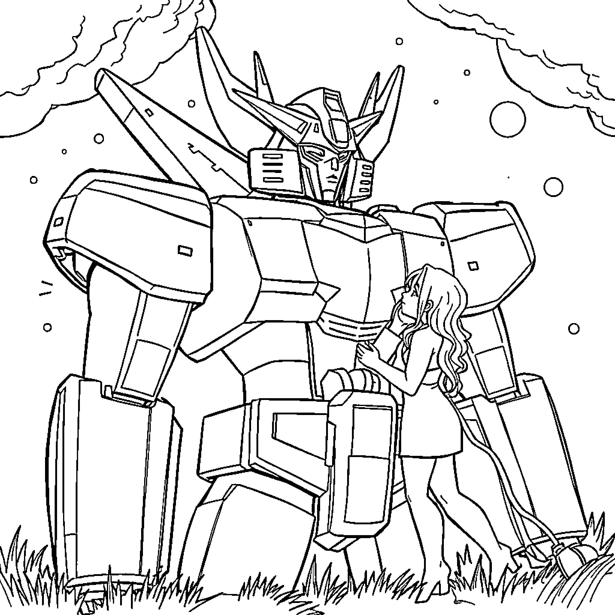 Voltron mech in action against a stormy backdrop Coloring Page (free black-and-white line drawing printable PDF for all, from beginners to advanced learners, including children, teens, adults, and seniors)