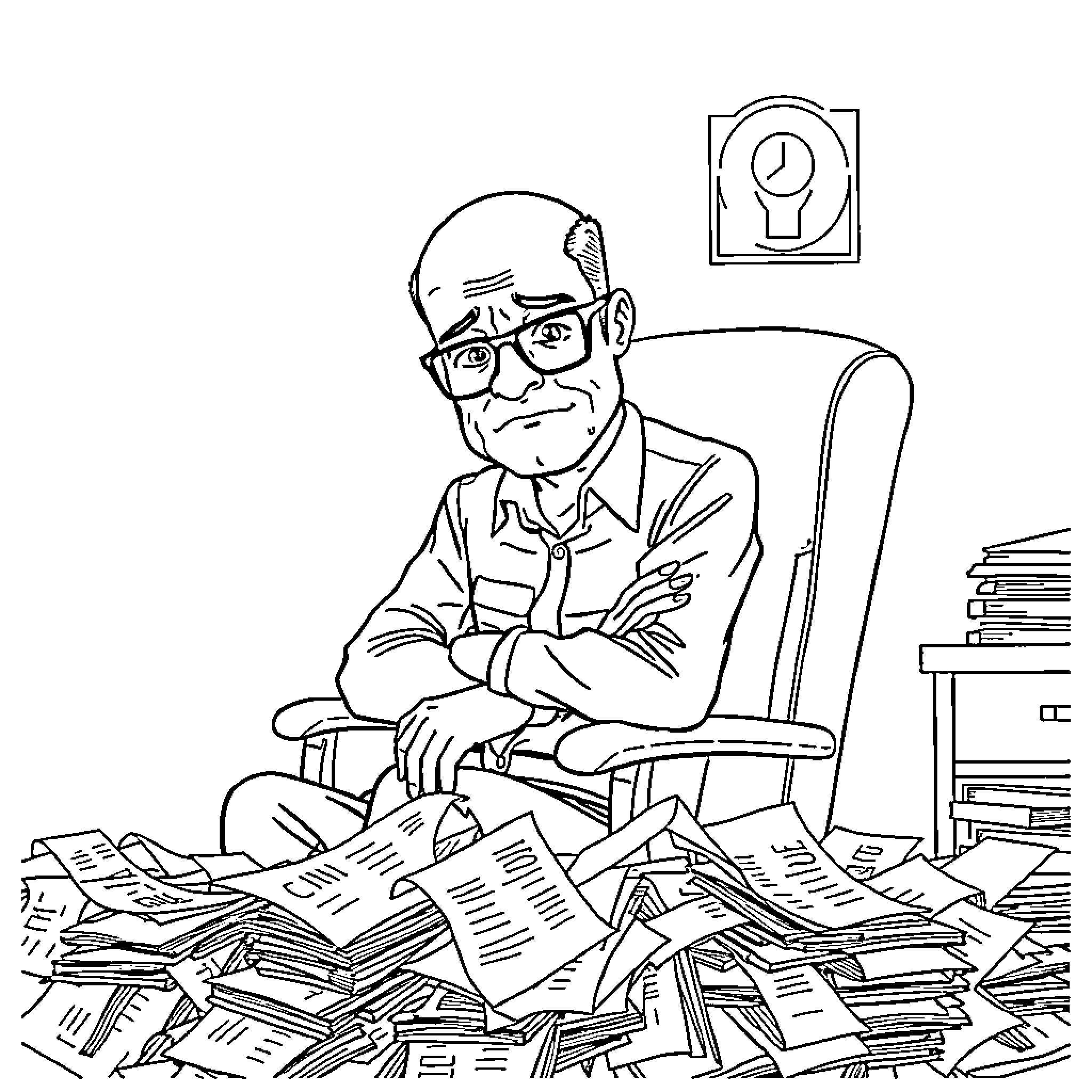 Accountant working diligently amidst piles of paperwork Coloring Page (free black-and-white line drawing printable PDF for all, from beginners to advanced learners, including children, teens, adults, and seniors)