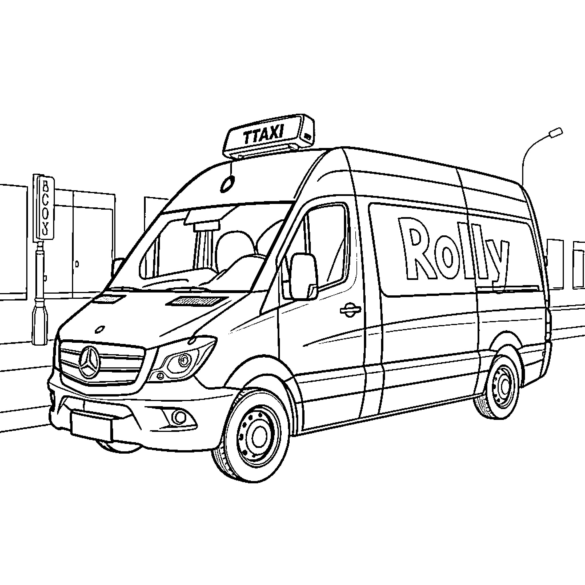 Taxi van with Rolly logo on the road Coloring Page (free black-and-white line drawing printable PDF for all, from beginners to advanced learners, including children, teens, adults, and seniors)
