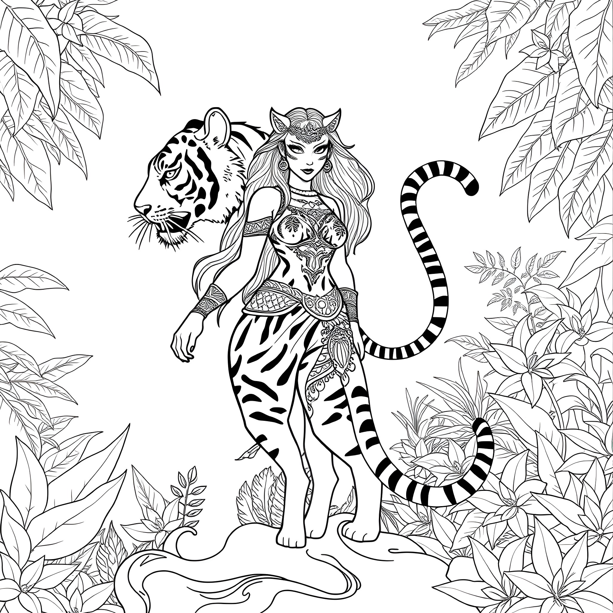 Tiger Woman in Mystical Jungle Realm Coloring Page (free black-and-white line drawing printable PDF for all, from beginners to advanced learners, including children, teens, adults, and seniors)