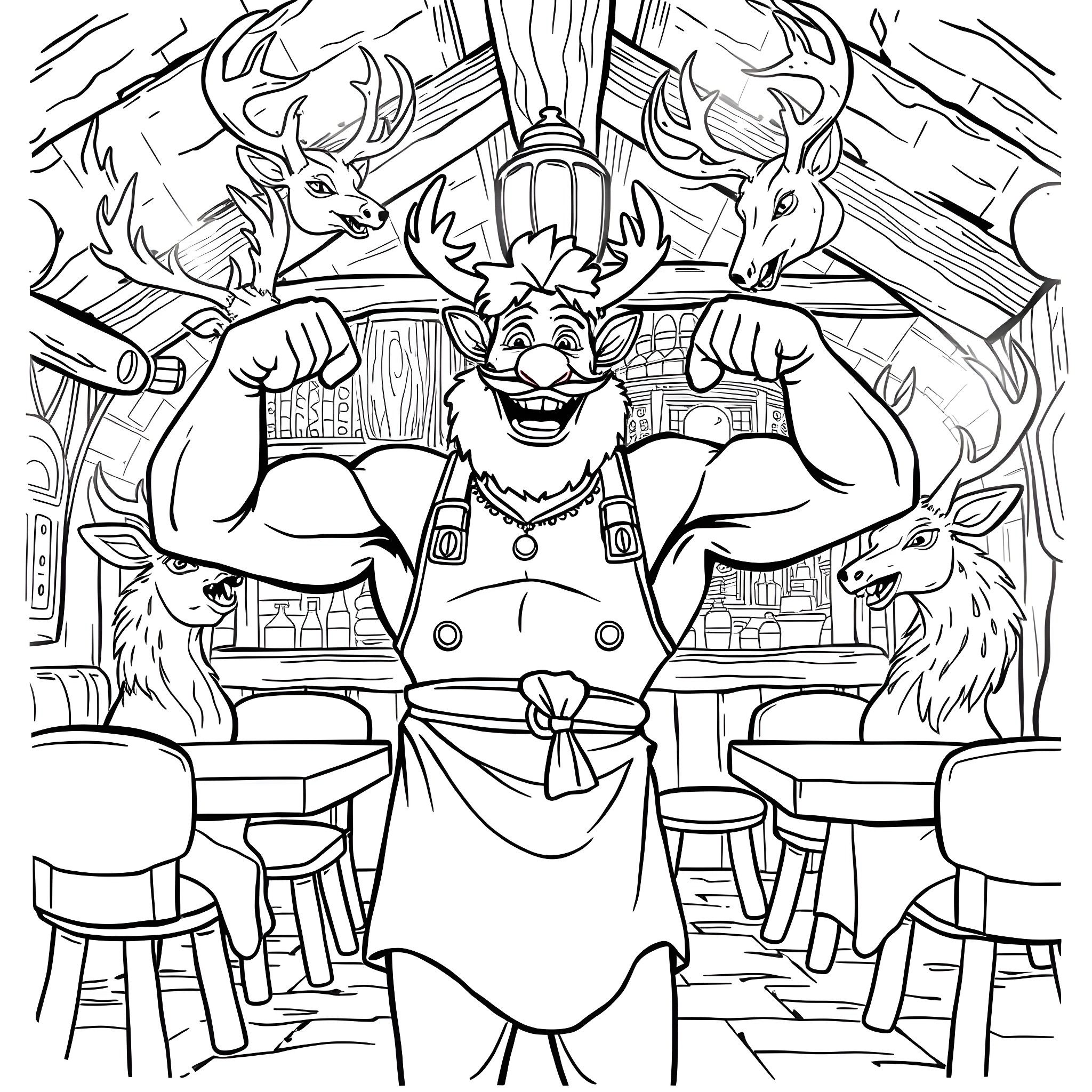 Gastón hosting a celebratory feast with wildlife Coloring Page (free black-and-white line drawing printable PDF for all, from beginners to advanced learners, including children, teens, adults, and seniors)