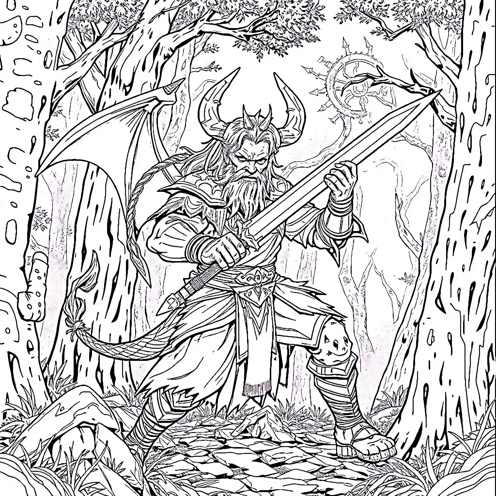 Demon Slayer Warrior Wielding Sword in Enchanted Forest Coloring Page (free black-and-white line drawing printable PDF for all, from beginners to advanced learners, including children, teens, adults, and seniors)