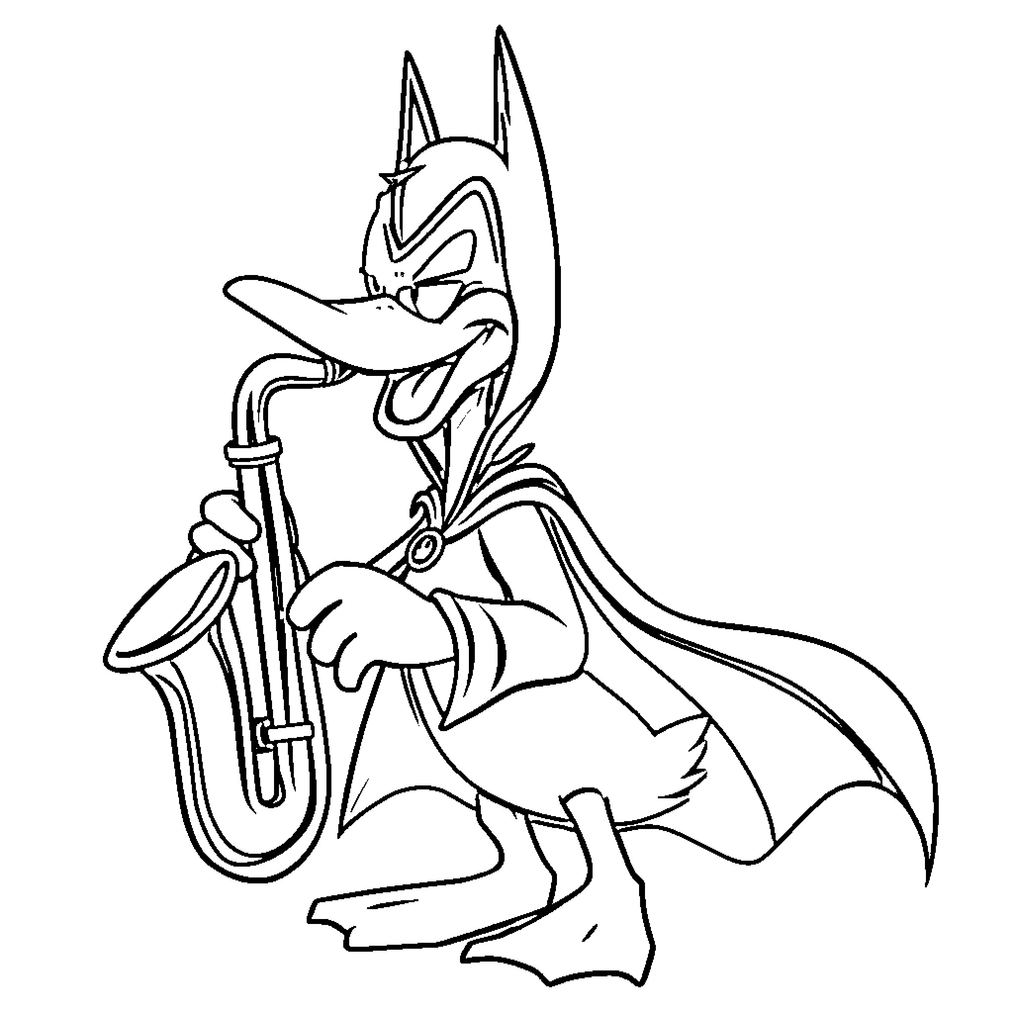 Daffy Duck playing the saxophone Coloring Page (free black-and-white line drawing printable PDF for all, from beginners to advanced learners, including children, teens, adults, and seniors)
