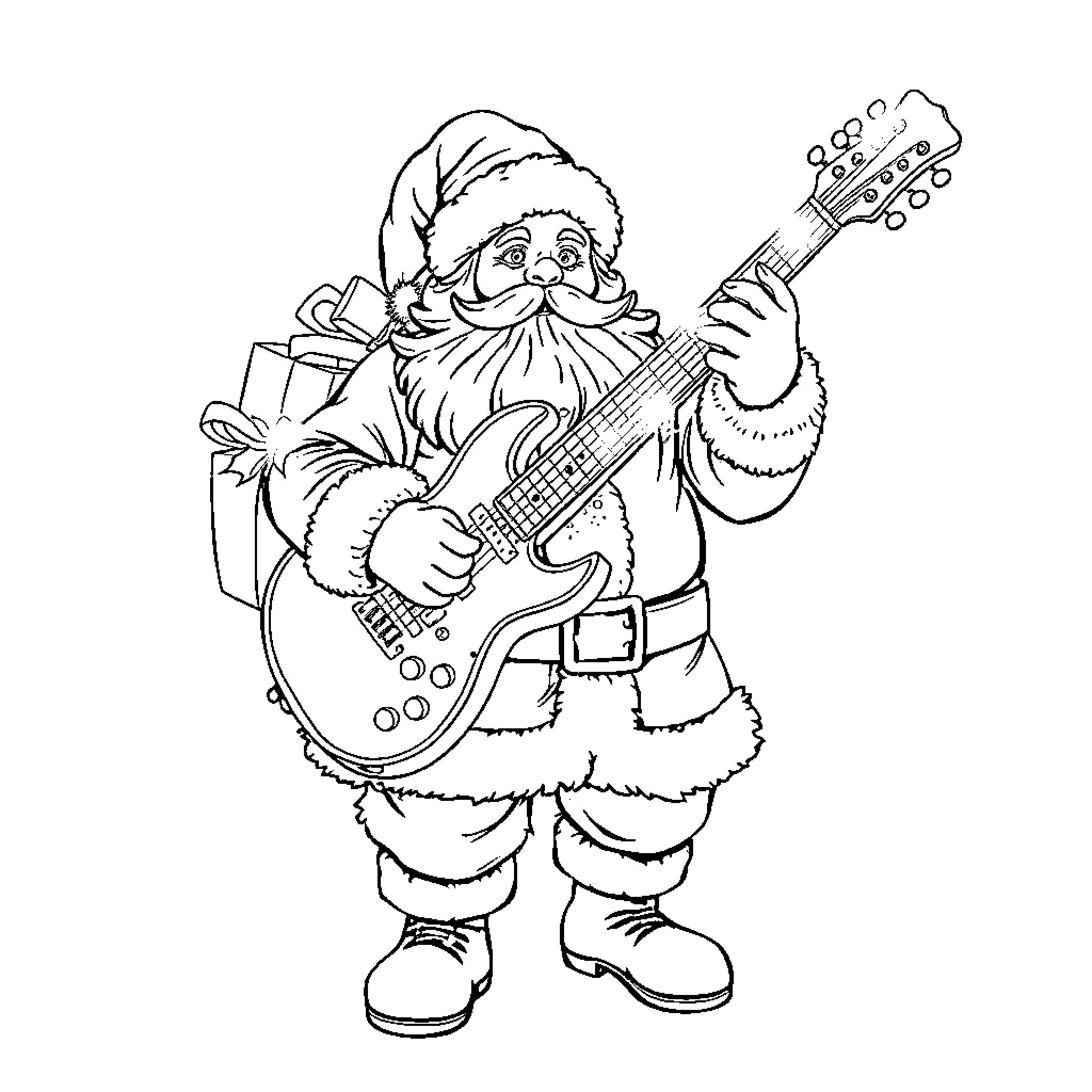 Santa Claus playing electric guitar with gifts Coloring Page (free black-and-white line drawing printable PDF for all, from beginners to advanced learners, including children, teens, adults, and seniors)