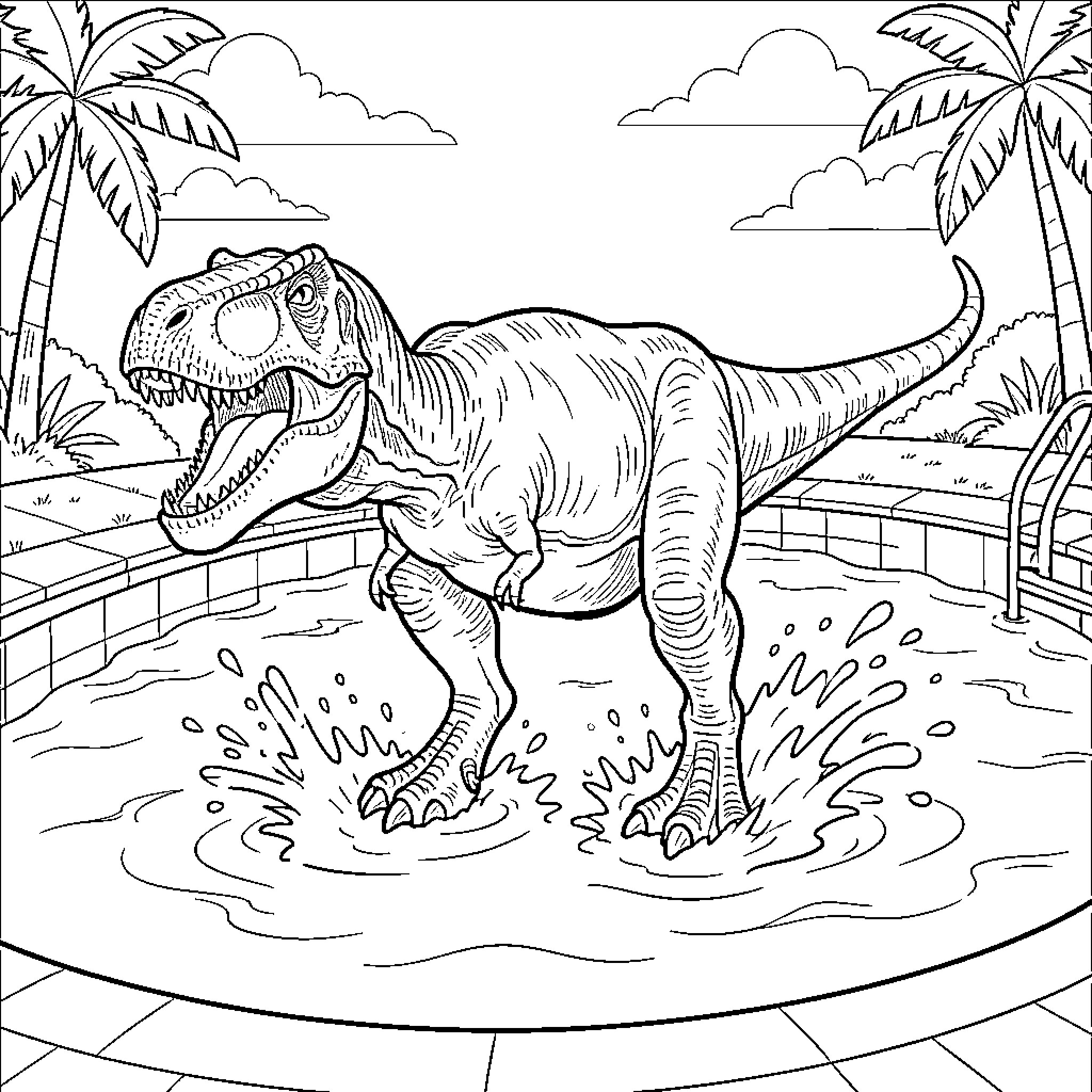 T-Rex splashing water in a swimming pool Coloring Page (free black-and-white line drawing printable PDF for all, from beginners to advanced learners, including children, teens, adults, and seniors)