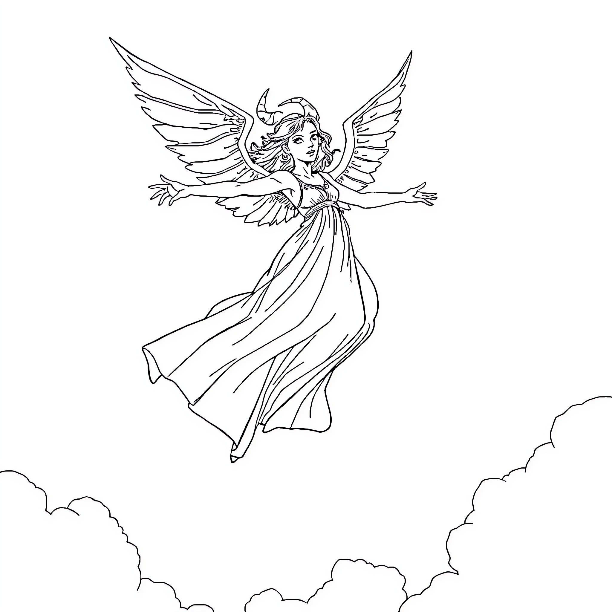 Angel of Grace Soaring through the Heavens Coloring Page (free black-and-white line drawing printable PDF for all, from beginners to advanced learners, including children, teens, adults, and seniors)