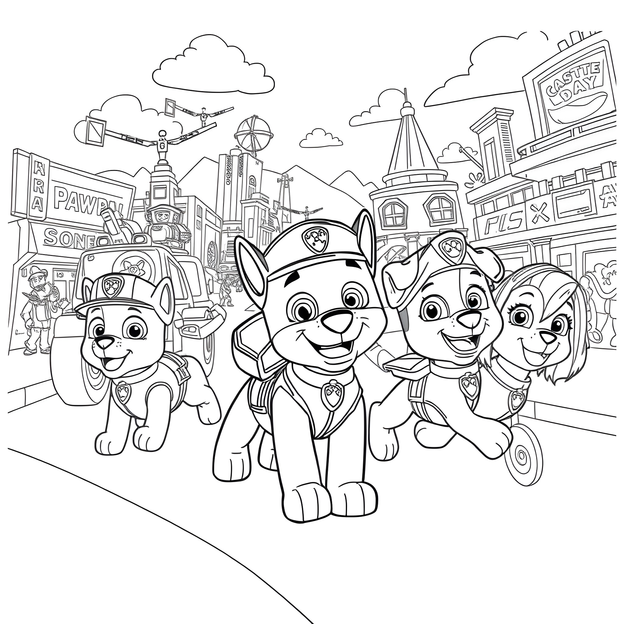 Paw Patrol pups on patrol in the city Coloring Page (free black-and-white line drawing printable PDF for all, from beginners to advanced learners, including children, teens, adults, and seniors)