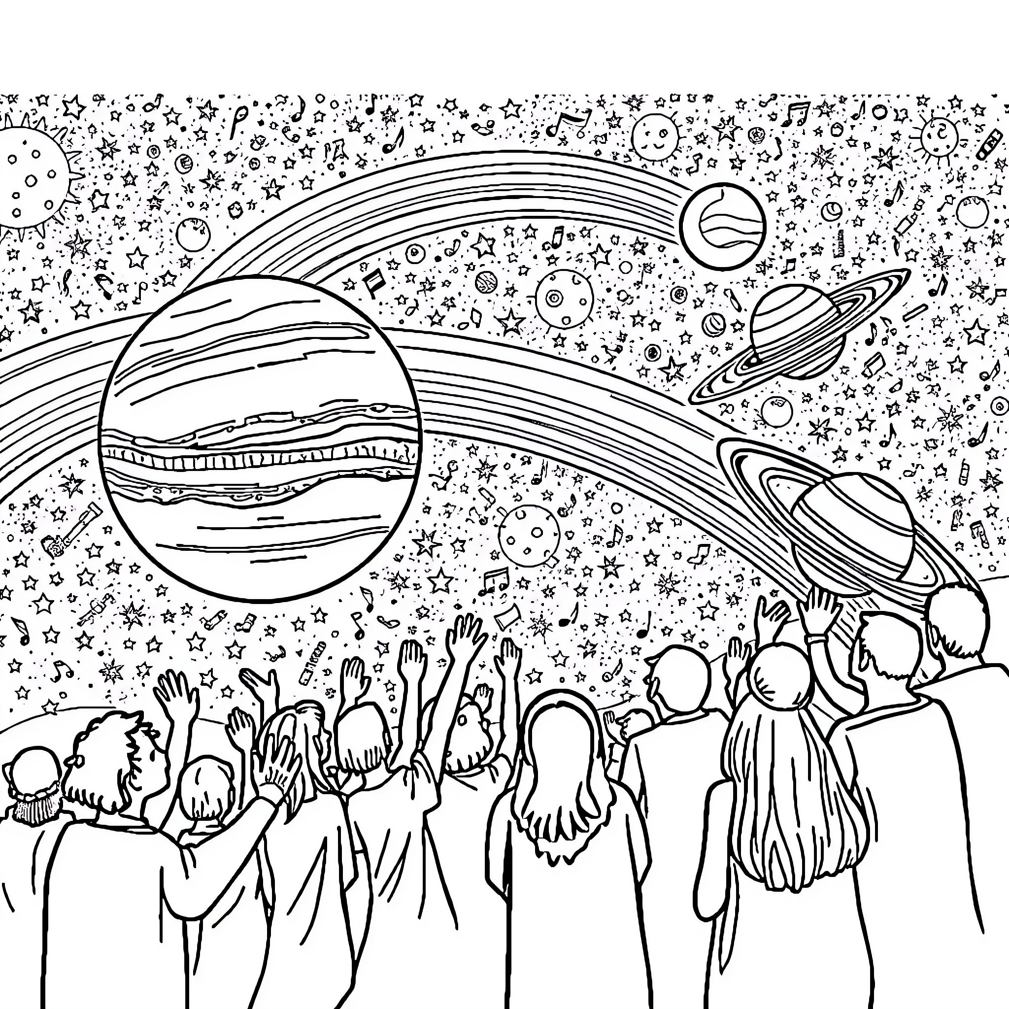 Choir Observing the Wonders of the Cosmos Coloring Page (free black-and-white line drawing printable PDF for all, from beginners to advanced learners, including children, teens, adults, and seniors)