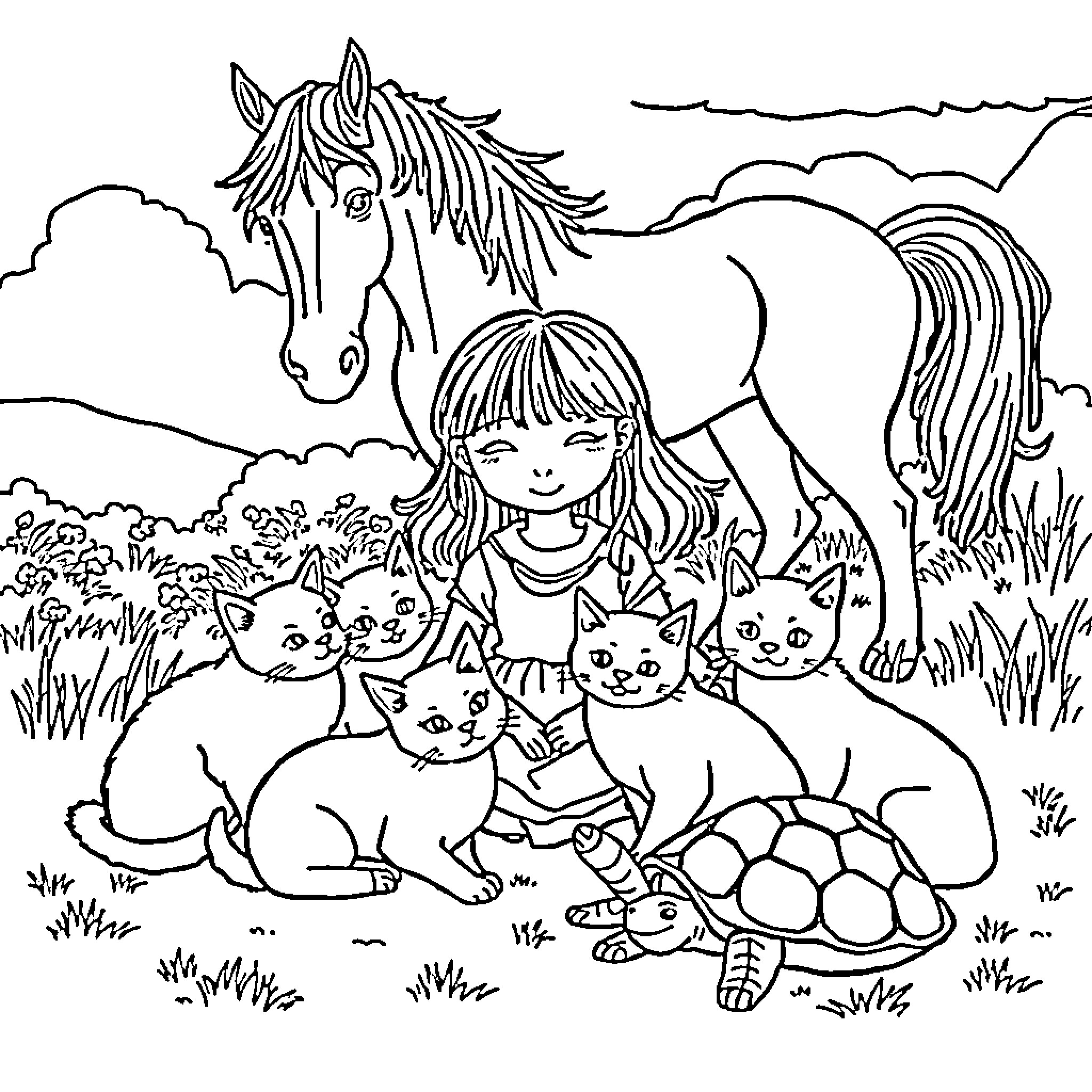 Girl playing with animals in the countryside Coloring Page (free black-and-white line drawing printable PDF for all, from beginners to advanced learners, including children, teens, adults, and seniors)