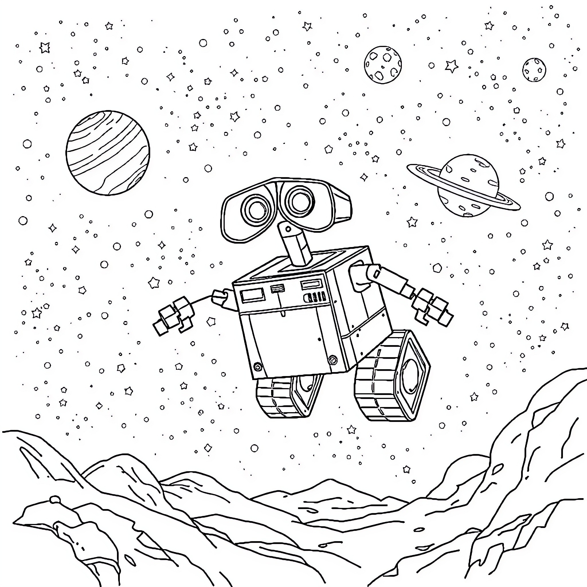 Wall-E exploring the space adventure Coloring Page (free black-and-white line drawing printable PDF for all, from beginners to advanced learners, including children, teens, adults, and seniors)