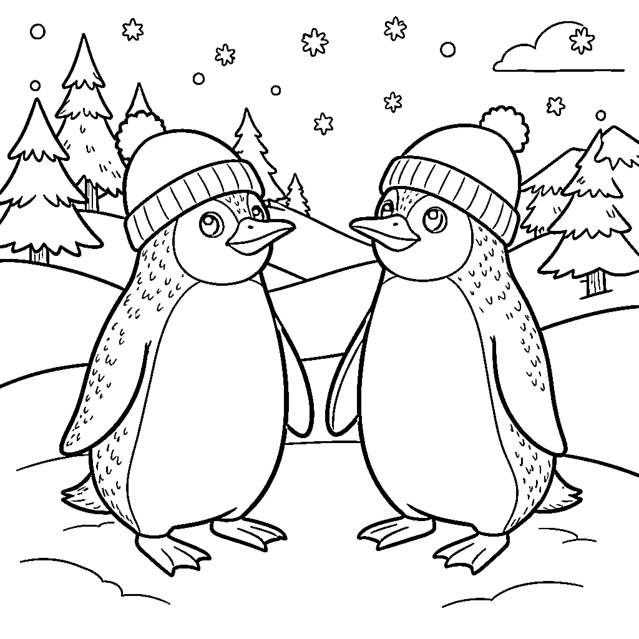 Penguin friends playing in the snowy landscape Coloring Page (free black-and-white line drawing printable PDF for all, from beginners to advanced learners, including children, teens, adults, and seniors)