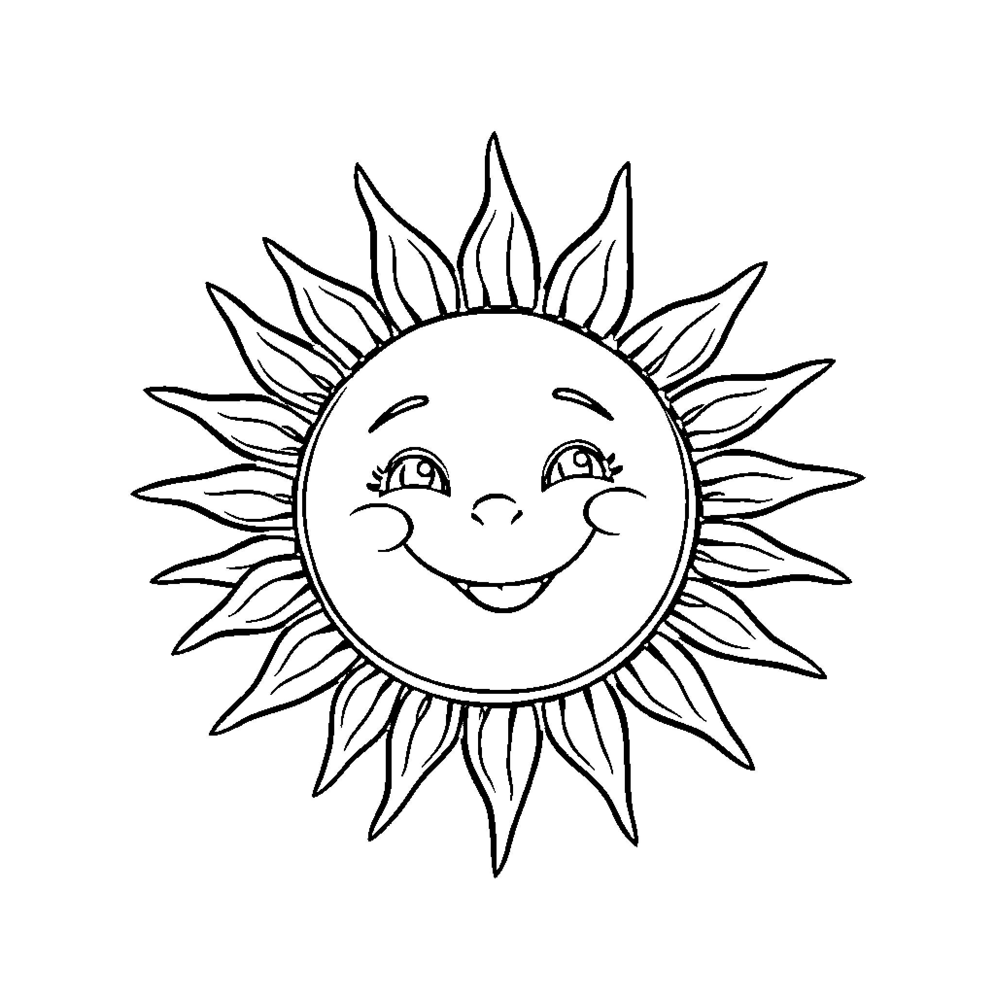 Sun shining brightly with a happy expression Coloring Page (free black-and-white line drawing printable PDF for all, from beginners to advanced learners, including children, teens, adults, and seniors)