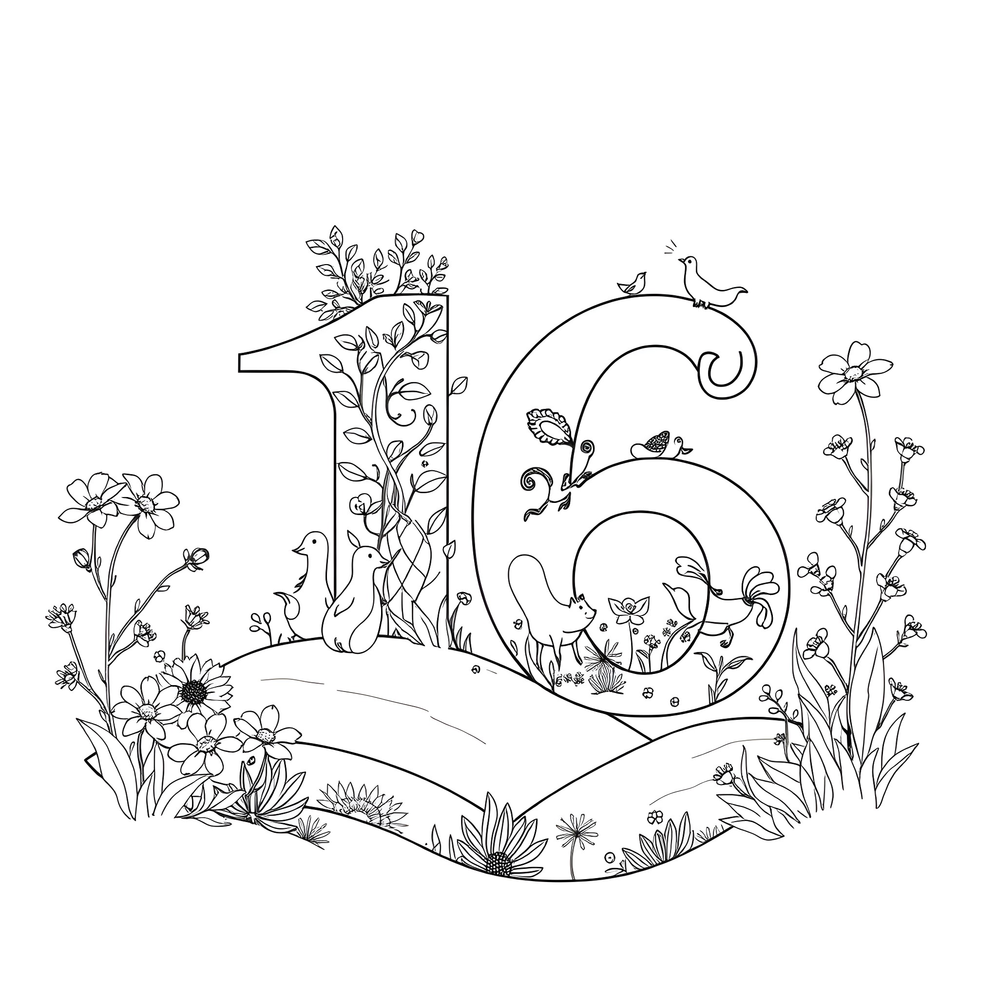 Number 16 in floral garden setting Coloring Page (free black-and-white line drawing printable PDF for all, from beginners to advanced learners, including children, teens, adults, and seniors)
