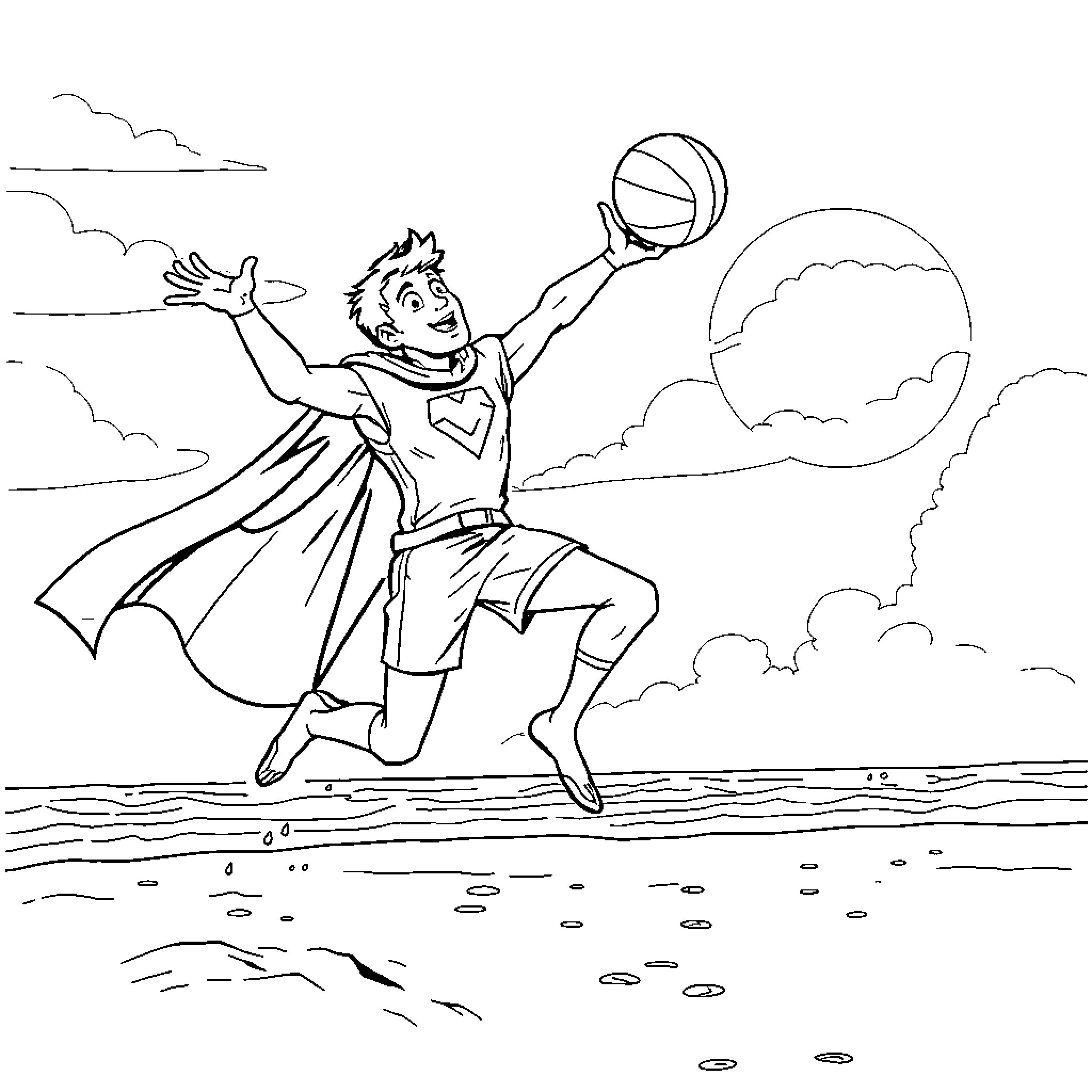 Homelander heroically leaping with basketball Coloring Page (free black-and-white line drawing printable PDF for all, from beginners to advanced learners, including children, teens, adults, and seniors)