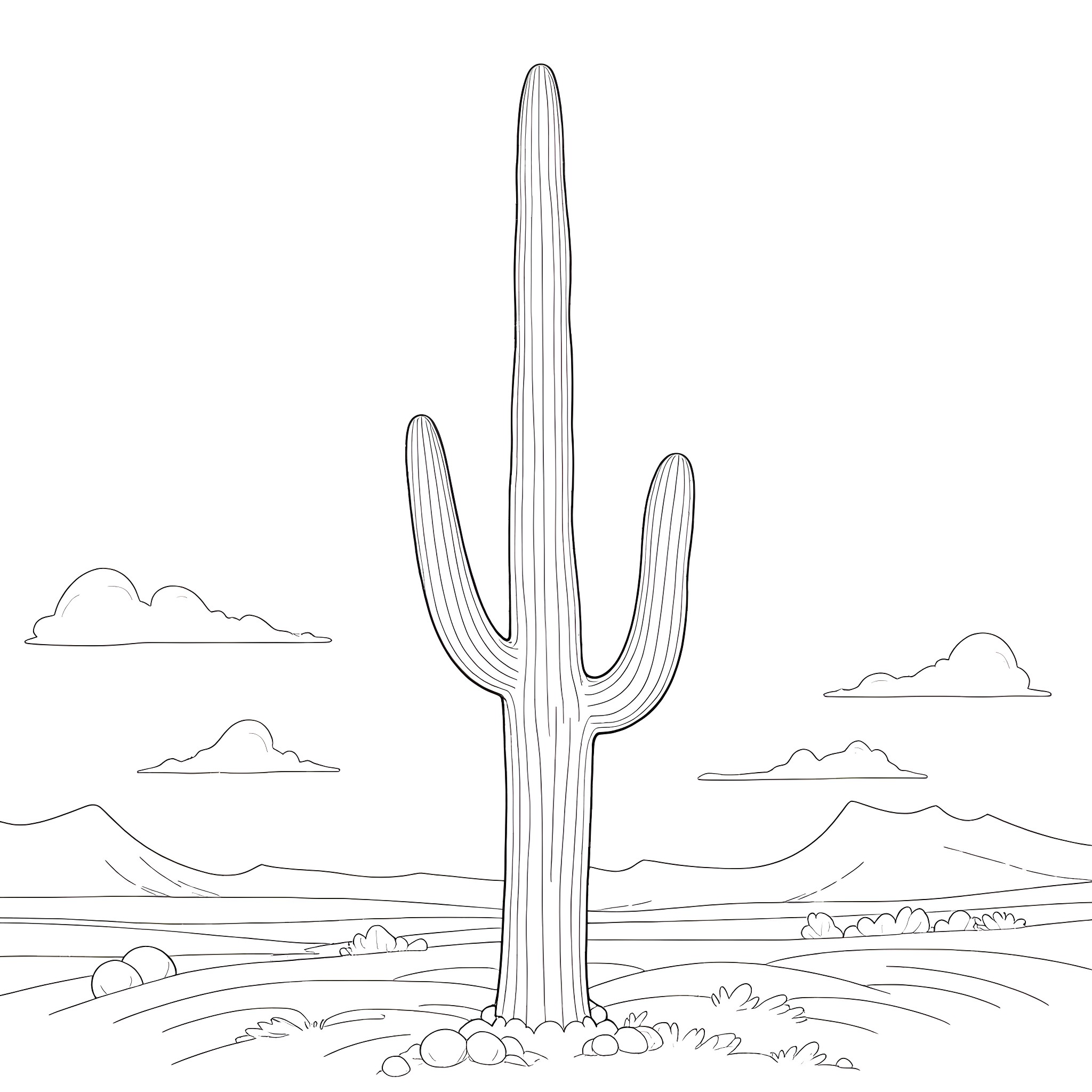 Saguaro cactus silhouette in desert landscape Coloring Page (free black-and-white line drawing printable PDF for all, from beginners to advanced learners, including children, teens, adults, and seniors)