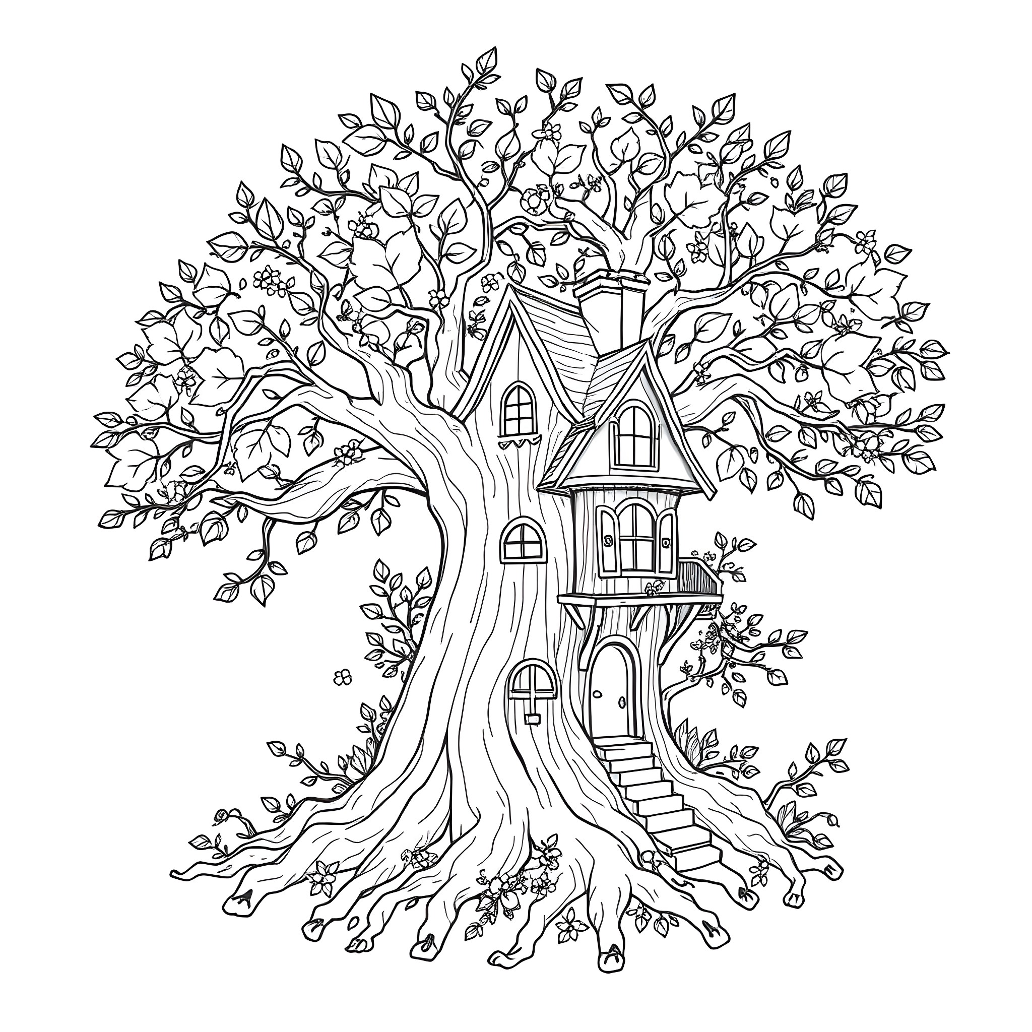 Tree House with Whimsical Details Coloring Page (free black-and-white line drawing printable PDF for all, from beginners to advanced learners, including children, teens, adults, and seniors)